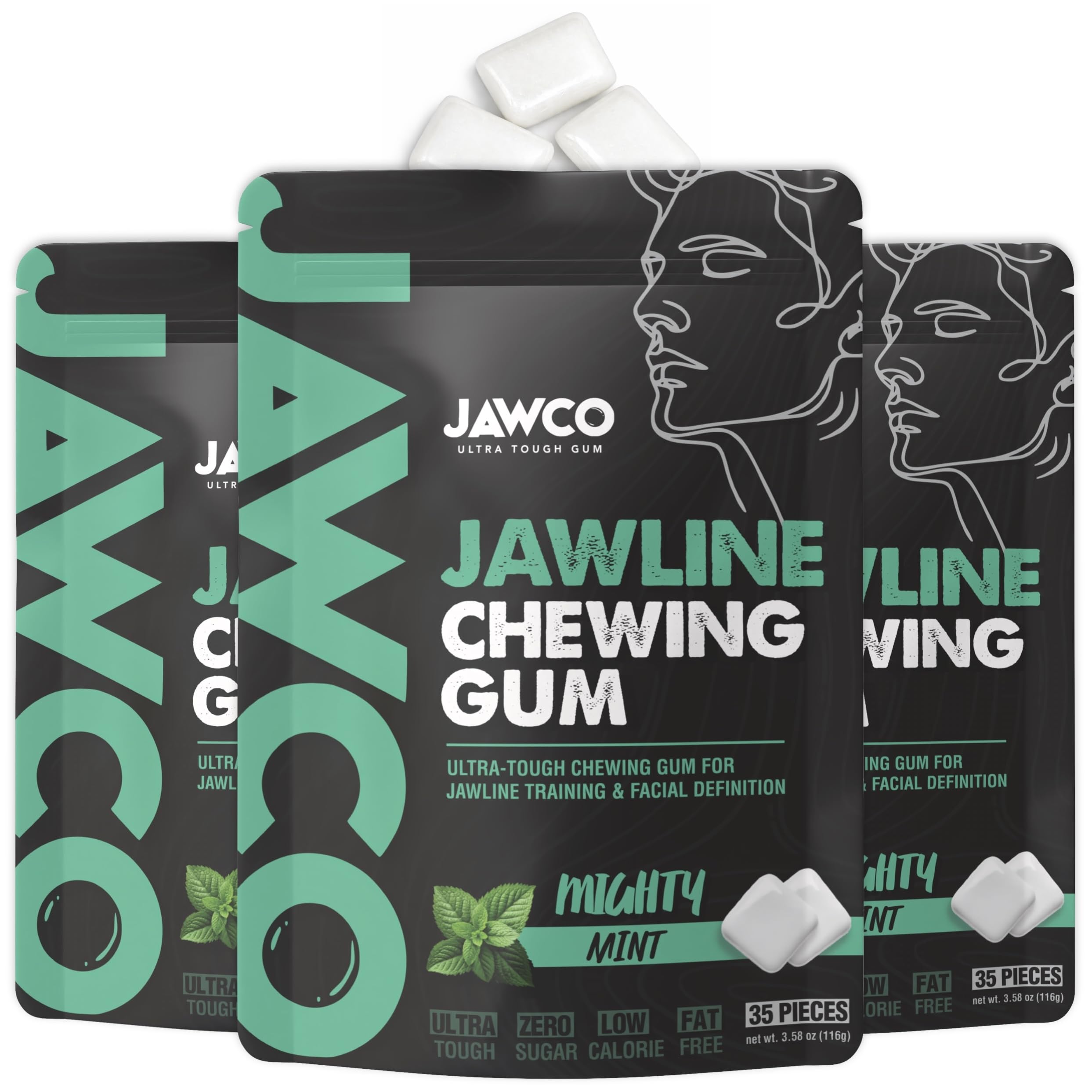 JAWCO Ultra-tough Jawline Chewing Gum | Get a Stronger, Squarer Jawline | Mighty Mint Jaw Training Hard Gum | Chisel, Sculpt, Tone your Jaw | 15X Hardness | Facial Fitness Mewing Gum | 35 Pieces/Pack