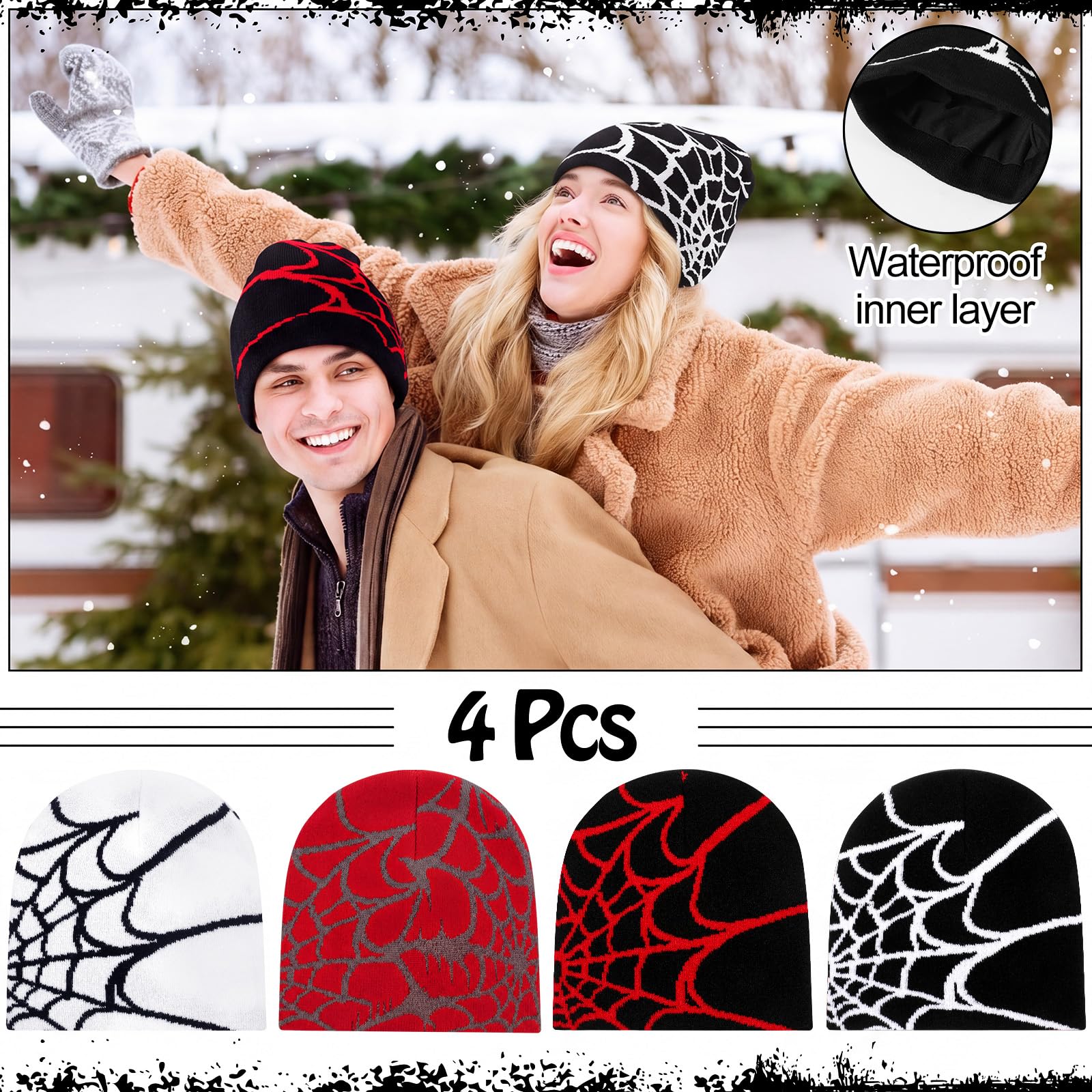 Jeyiour 4 gorros Y2k con patrón de telaraña, gorro gótico de punto acrílico, estilo casual, ropa de calle al aire libre, para hombres y mujeres