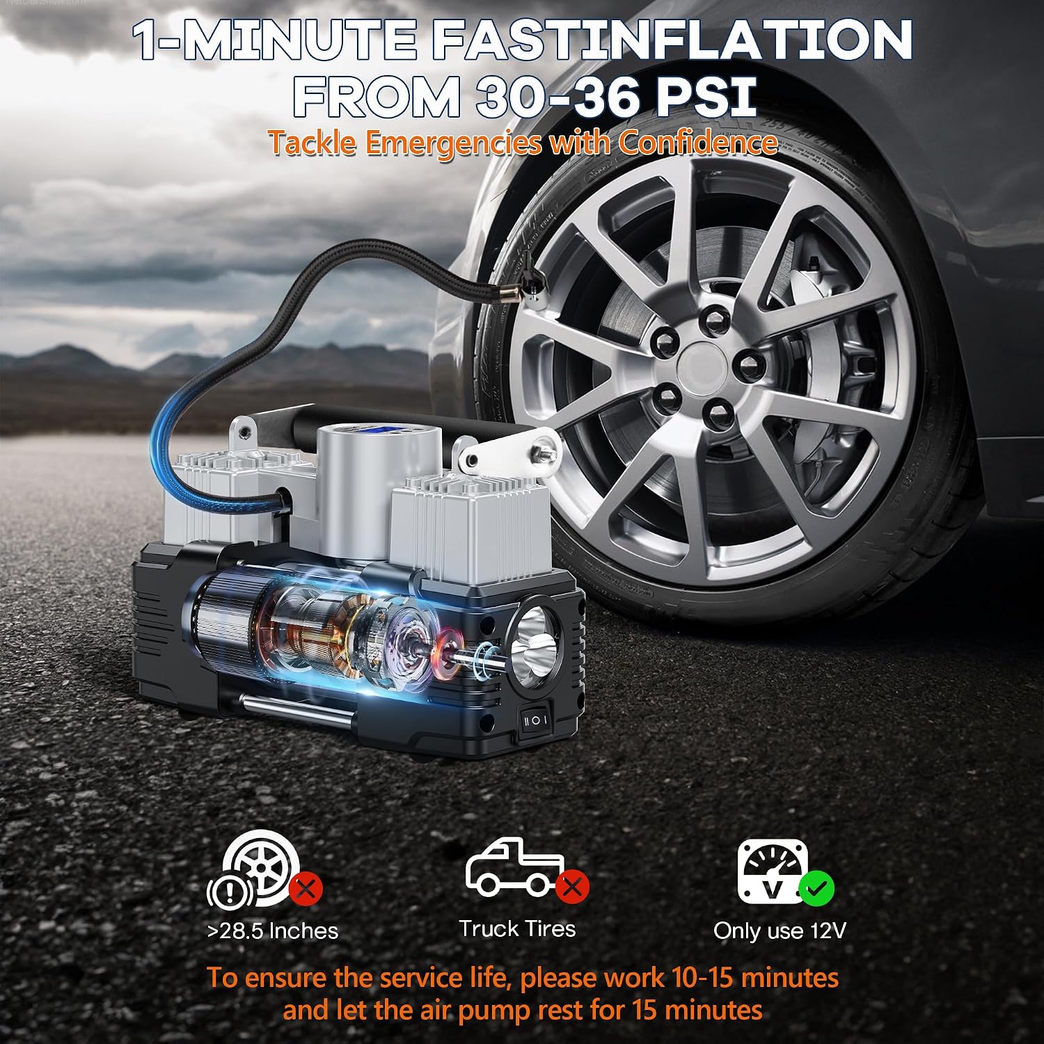 Dual Cylinder Tire Inflator Portable Air Compressor, 150 PSI 12V Air Pump with Digital Display, LED Light, Auto Shut-Off, Off Road Accessories Heavy Duty for Truck, SUV, Car, RV (SILIVER)