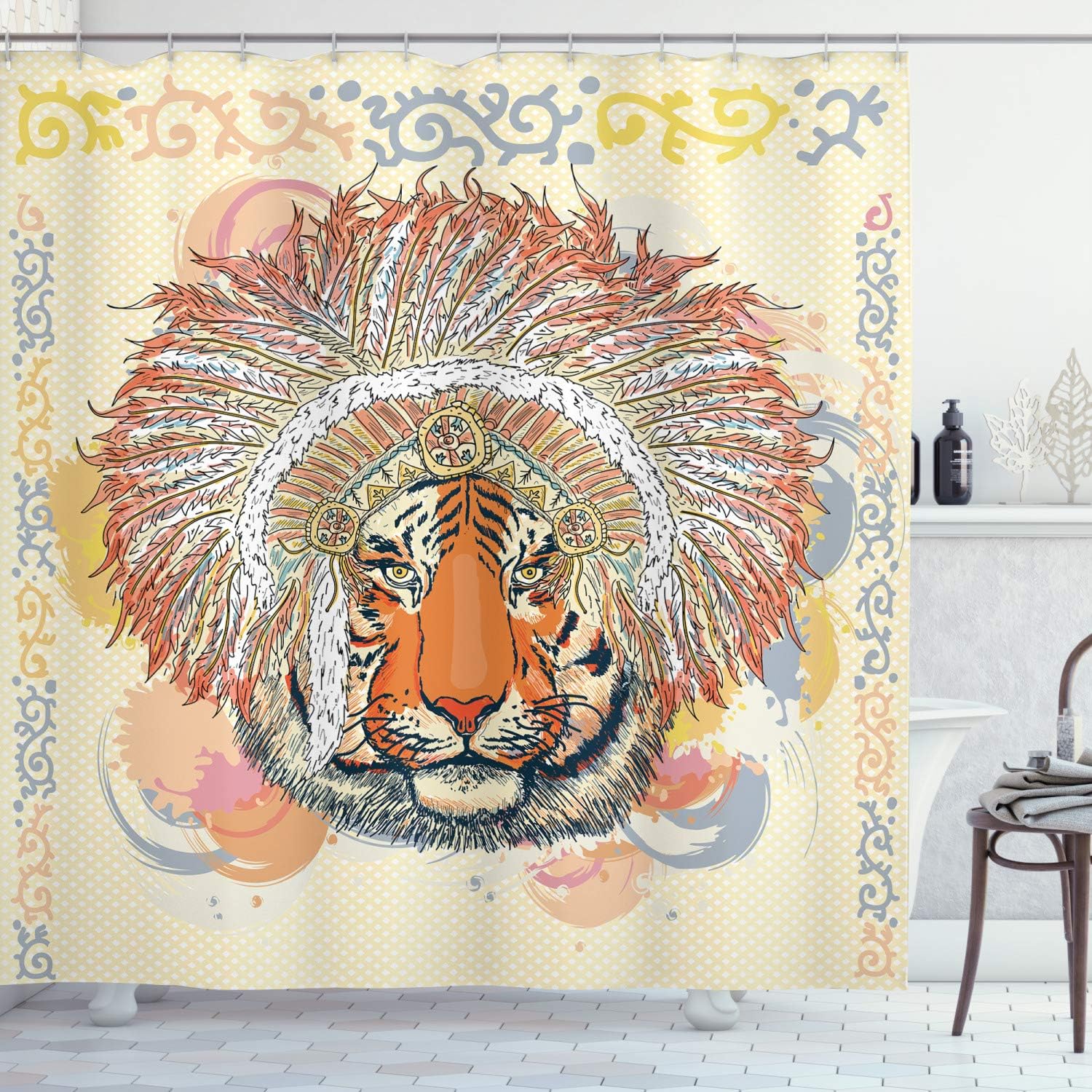 Ambesonne Tribal Shower Curtain, Savannah Tiger Portrait with Chef Feathers Bohemian Design Bohemian Pastel, Cloth Fabric Bathroom Decor Set with Hooks, 69" W x 70" L, Orange and Peach