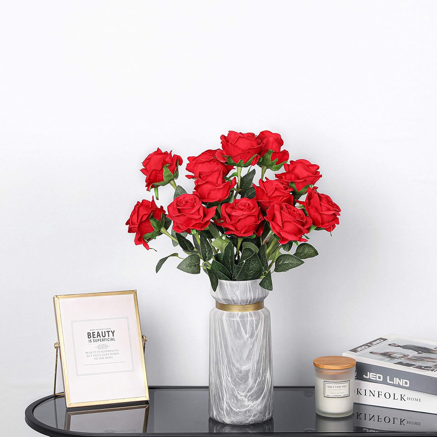 Floralsecret 12 Pcs Artificial Roses Flowers Silk Flower Bouquet Fake Single Stem with Long Stem for Home Wedding Party Garden Decoration(Red) - Image 5