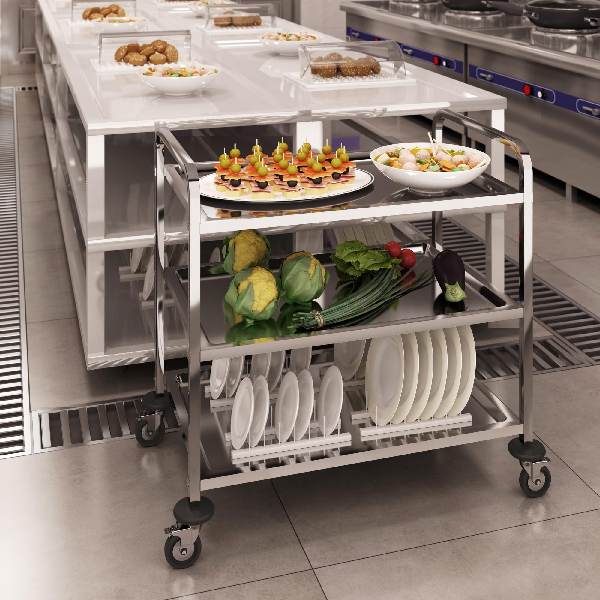 Carrello multiuso a 3 ripiani in acciaio inox con ruote, carrello da cucina commerciale per hotel, ospedali e scuole, resistente, facile mobilità (95 x 50 x 95 cm)