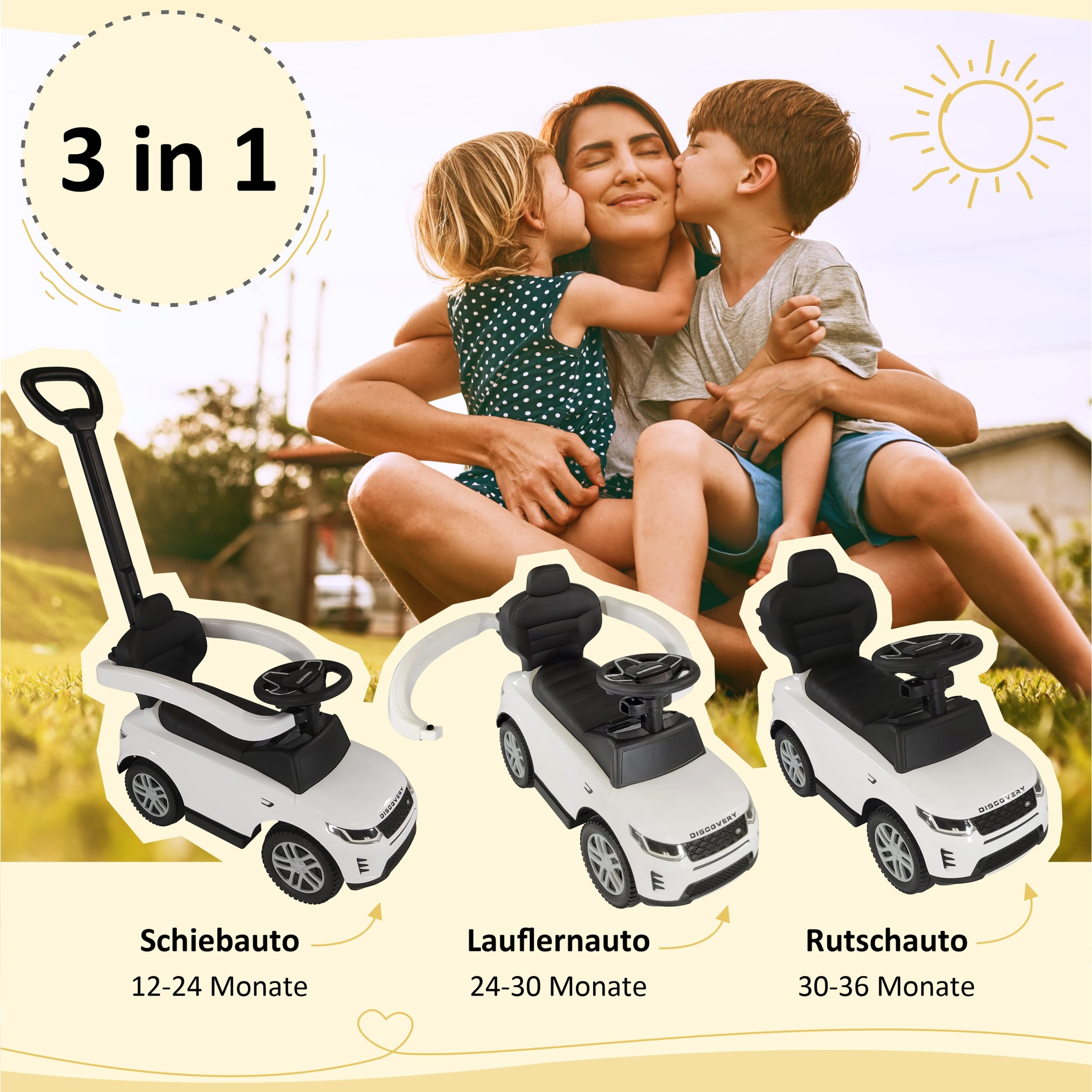Lemodo Rutschauto ab 1 Jahr – Rutscherfahrzeug weiß Kinderfahrzeug mit Schiebestange und Sicherheitsbügel, Rutscherauto mit Staufach und Sound-Lenkrad, Lizenziertes Kinderspielzeug von Land Rover