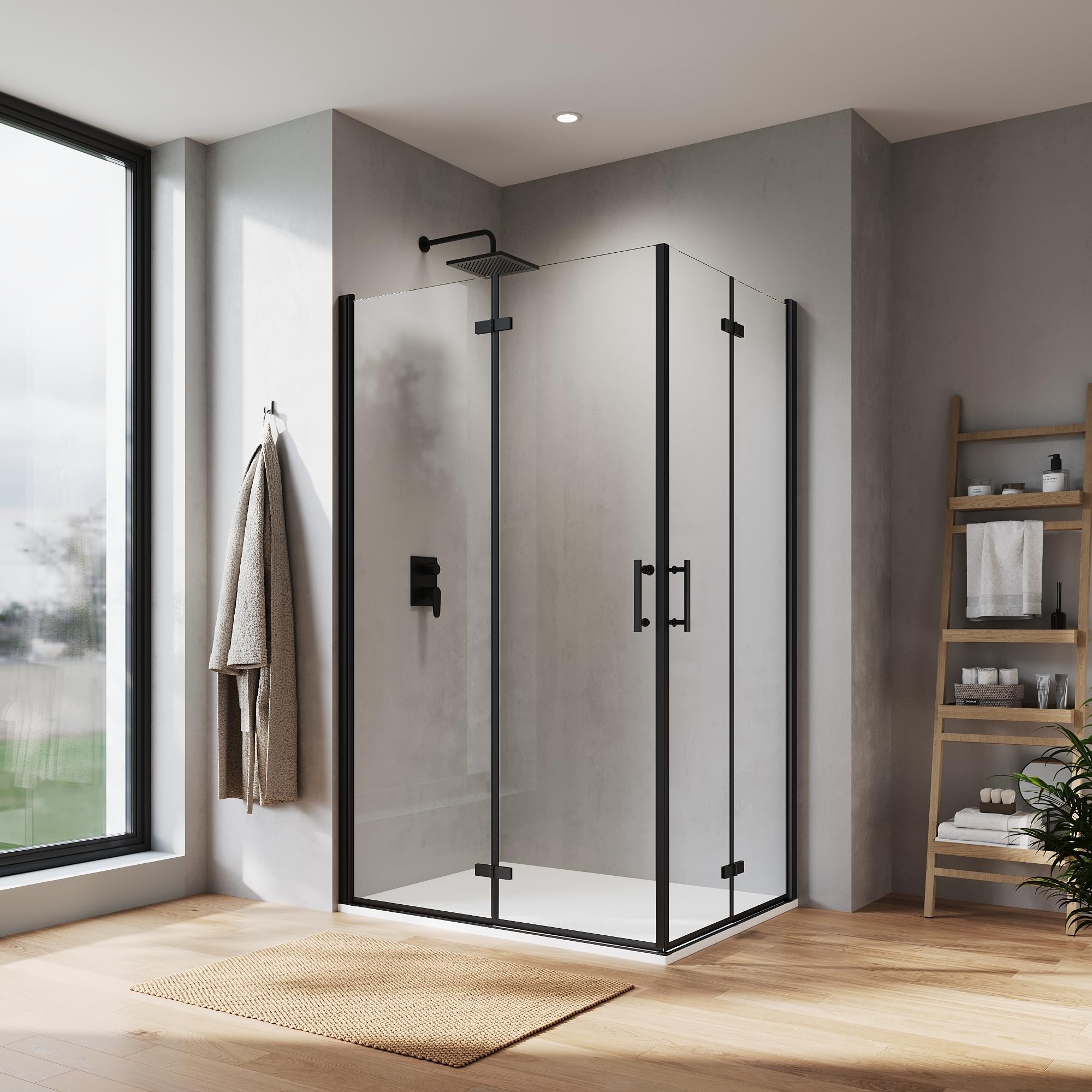 Sonni Mampara de ducha de 180º con entrada en esquina, 80 x 100 cm, color negro, puerta plegable, nano, 6 mm, altura 195 cm, puerta plegable