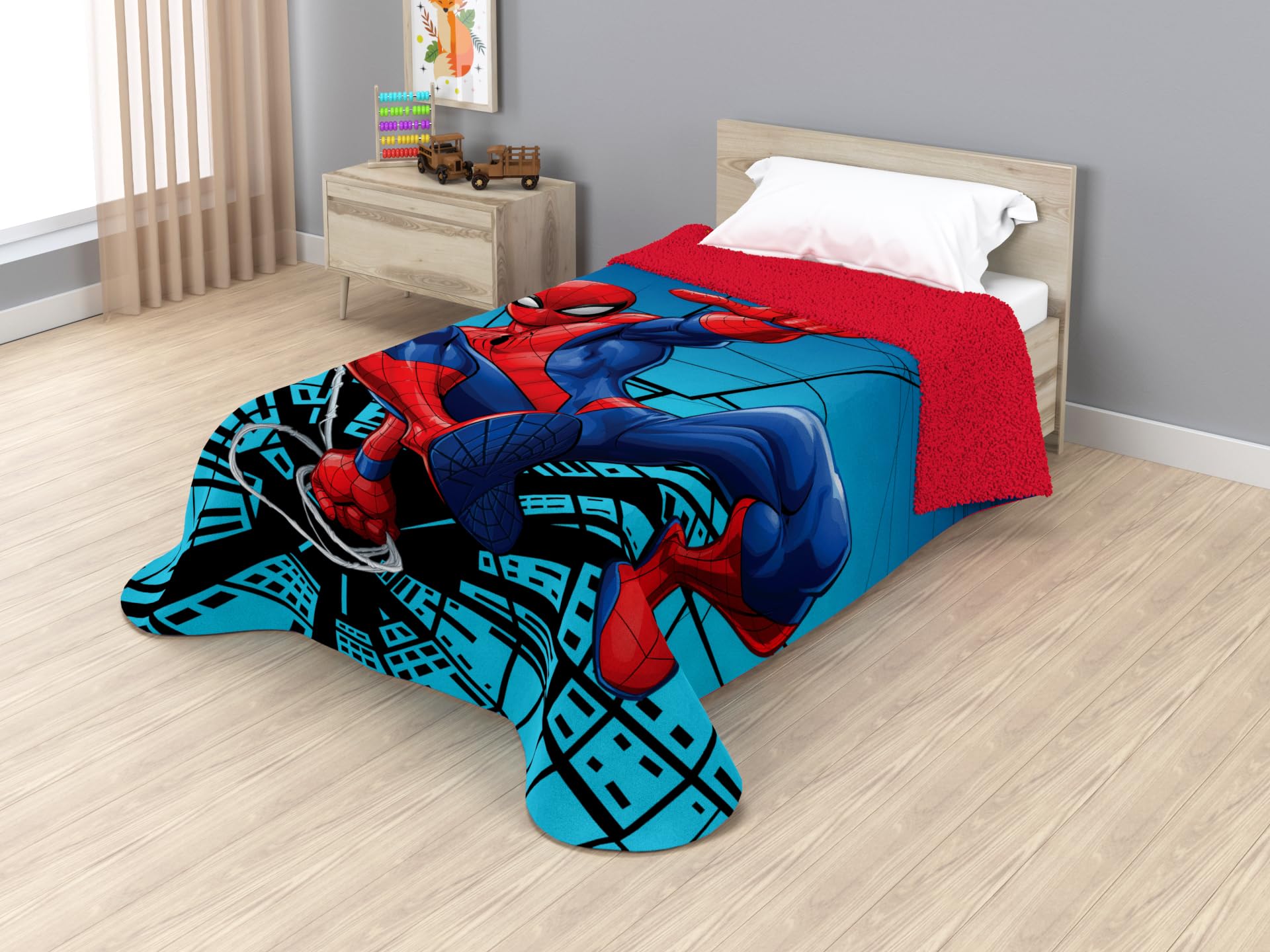 Disney Colcha Manta Sedalina Sherpa Reversible con Borreguito (Spiderman) | 160x250cm para Cama 90cm, Licencias Oficiales Bluey, Spider-Man, Stitch, Minnie, Mickey, Manta Infantil, Suave y Cálida