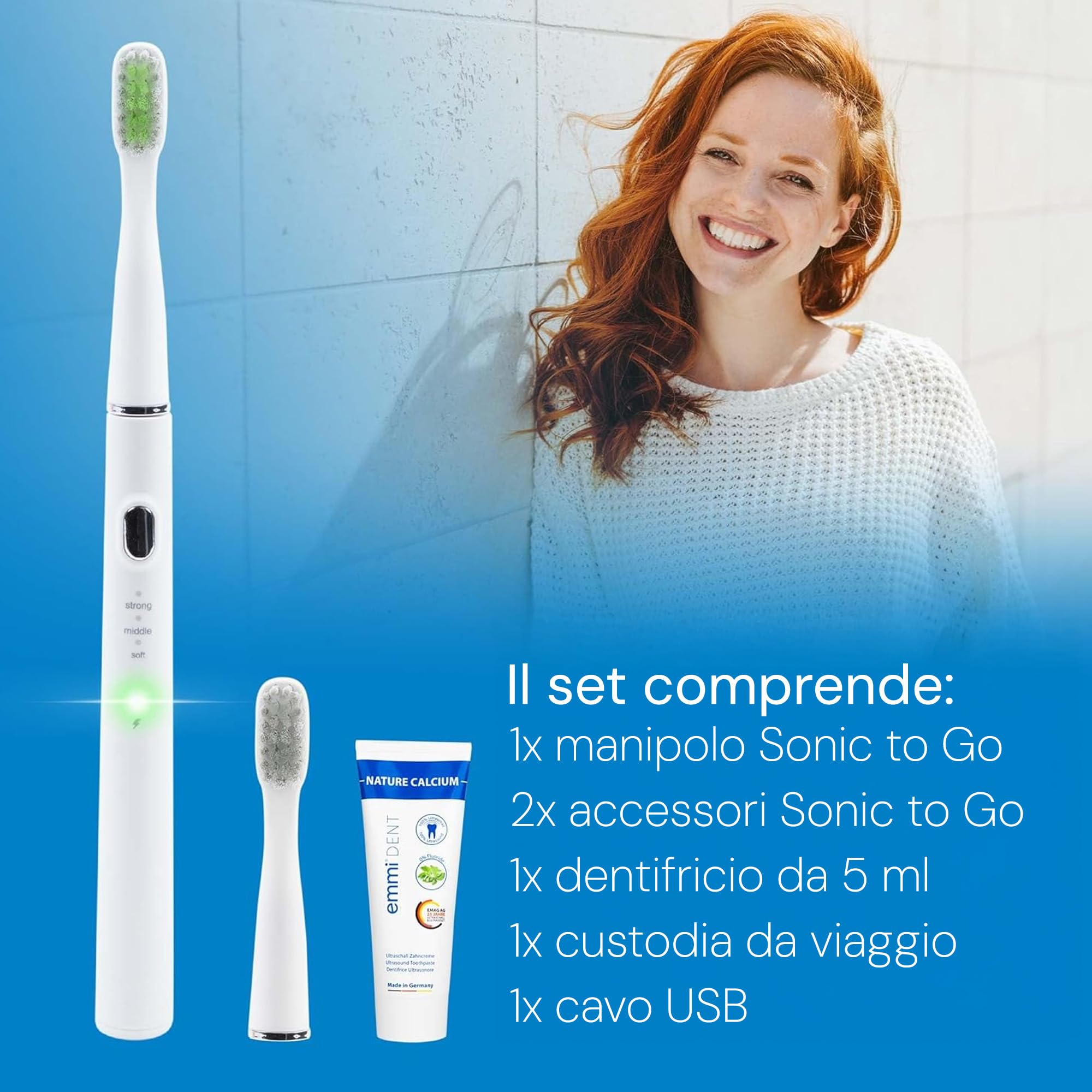 emmi-dent Sonic to go Spazzolino Elettrico sonico - 3 modalità di pulizia per la cura dei denti, adatto per viaggi e ufficio, fino a 25 giorni di durata della batteria - Spazzolino sonico da viaggio