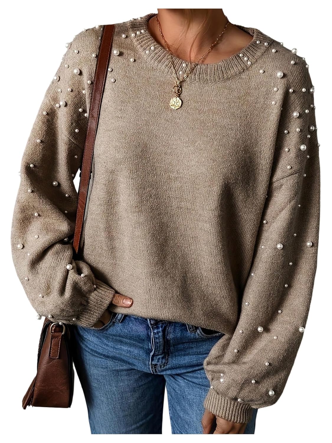 Womens Plus Size Faux Pearl Sweater Crew Neck Long Sleeve Knit Pullover Tops 2025 Fashion Fall Winter Outfits