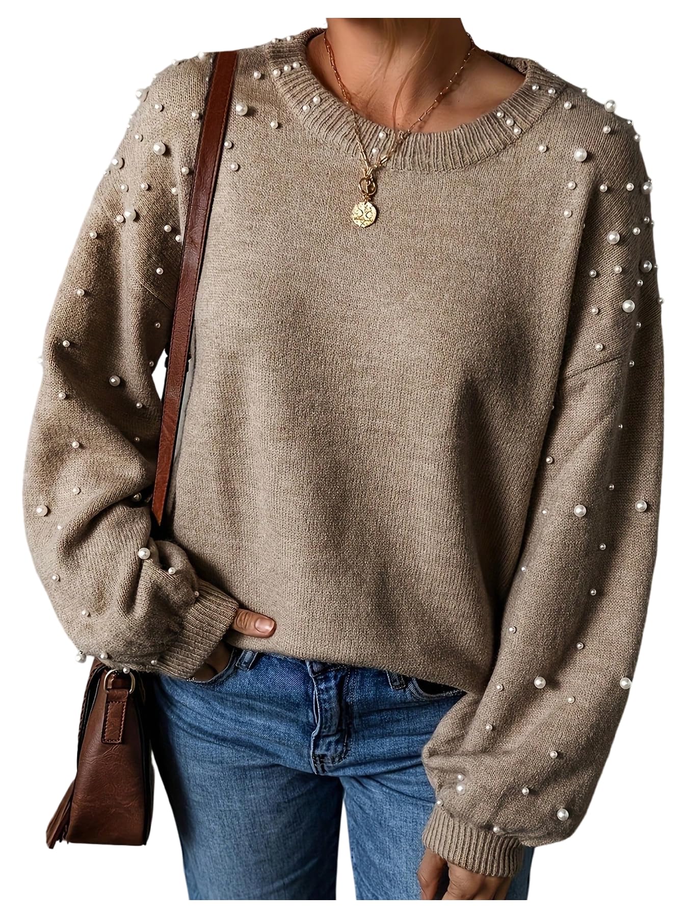 Womens Plus Size Faux Pearl Sweater Crew Neck Long Sleeve Knit Pullover Tops 2025 Fashion Fall Winter Outfits