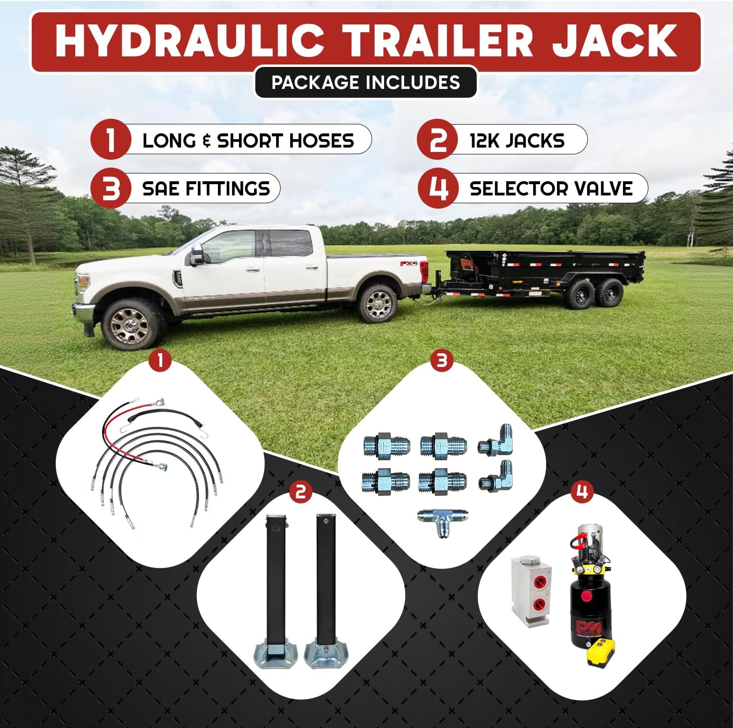 Hydraulic Trailer Jack (24,000 lb) Power Jack 12K x 2 Double Acting, Lift Trailer Jack Stand & Hydraulic Power Unit with (Hydraulic Jack with Bracket) (24k Jack Weld On)
