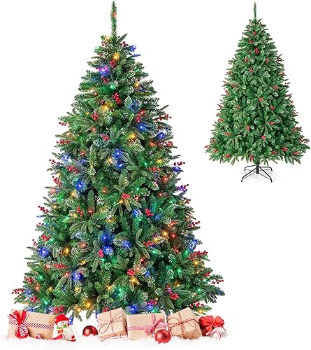 HAPPYGRILL Árbol de Navidad artificial preiluminado de 7 pies, árbol de Navidad con bisagras con 1646 puntas de rama, 470 luces LED, 11 modos de