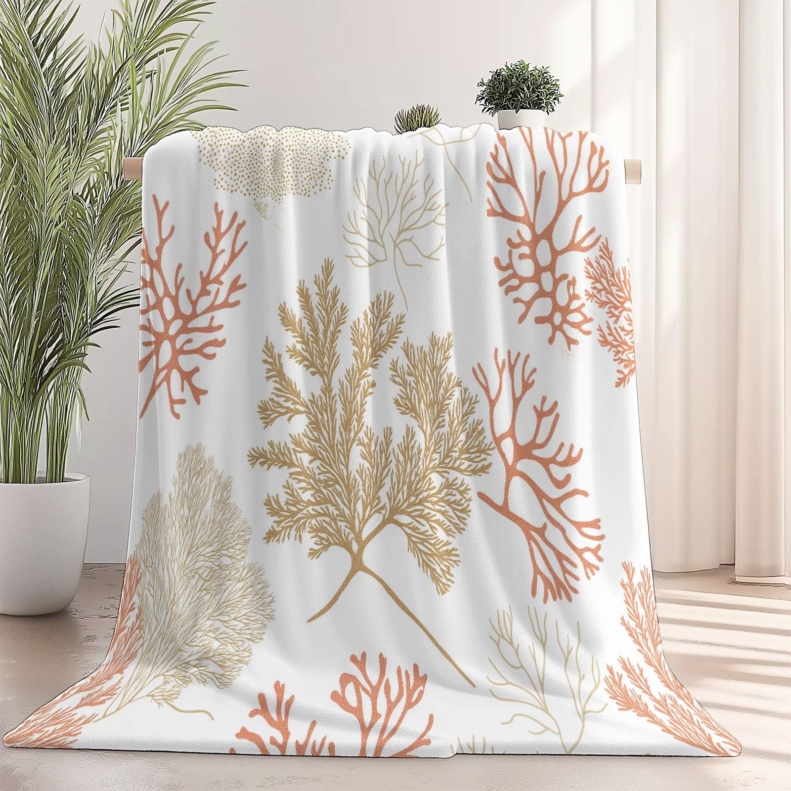 Manta Polar para Sofá 150×200 cm, Simplicidad Coral Plantas Marinas Franela súper Suave y esponjosa, Manta de Cálida y Ligera para Sala de Estar u Oficina, Beige