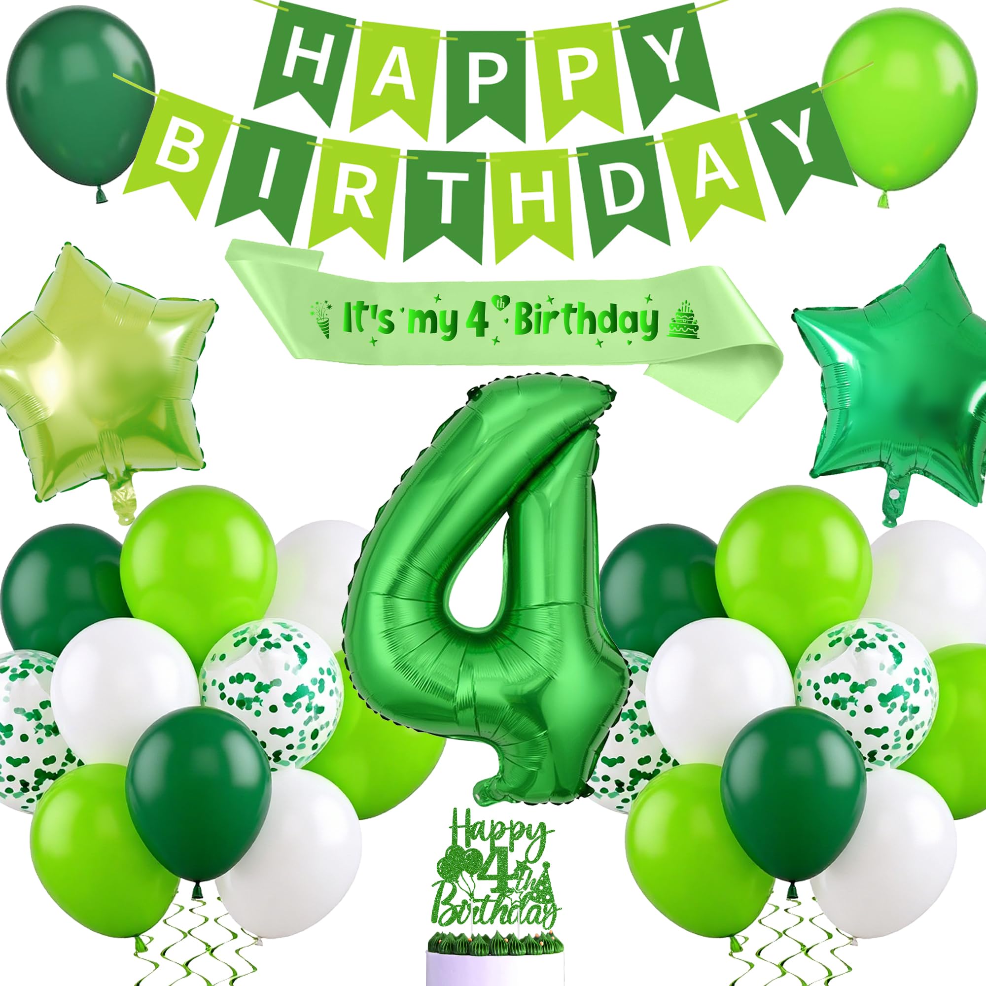 Green 4th Birthday Decorations Set - Happy Birthday Banner Number 4 Balloon Decoration, Cake Topper and Sash for Girls and Boys 4 Year Old Party