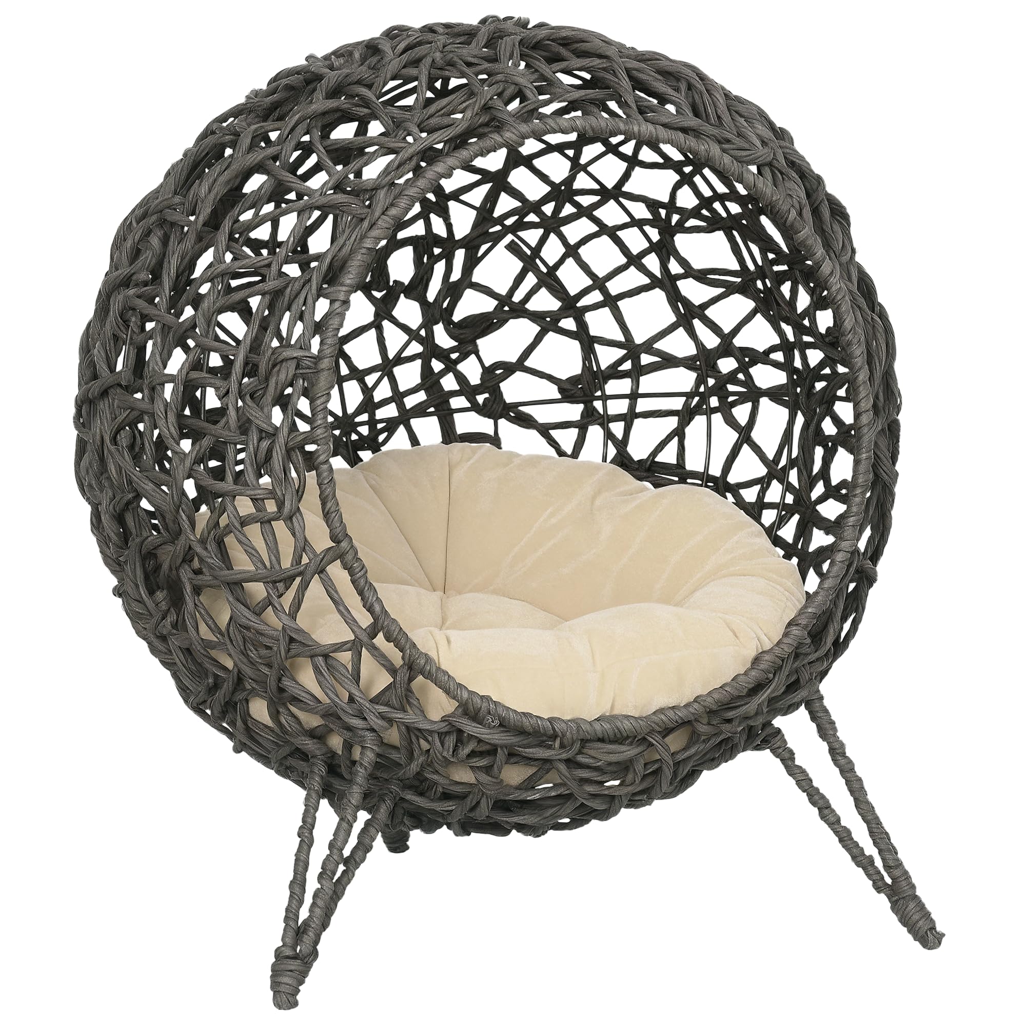 PawHut Panier Chat lit surélevé Chat Cosy Niche Grotte Grand Confort dim. Ø 52 x 58H cm Coussin Moelleux Inclus résine tressée Imitation rotin Gris