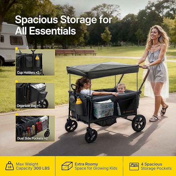 Stroller Wagon for Kids, One-Hand Adjustable Push/Pull Handle, Spacious Storage, 8/12 All-Terrain Wheels, Canopy with Bug Net, Wagon Stroller for Daily Walks, Short Trips & Grocery Runs