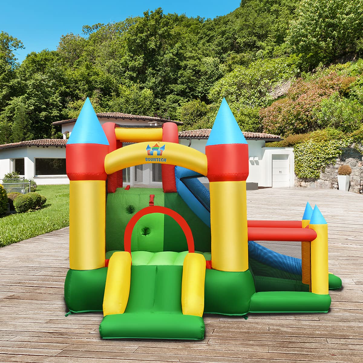 GOPLUS Aufblasbare Hüpfburg mit Rutsche, Aufblasbarer Spielhaus mit Gebläse, Hüpfburg mit 60 Ozeanbälle, für 3 Kinder von 3-10, für Drinnen Draußen, aus dickem Oxford-Tuch, 330x300x210cm