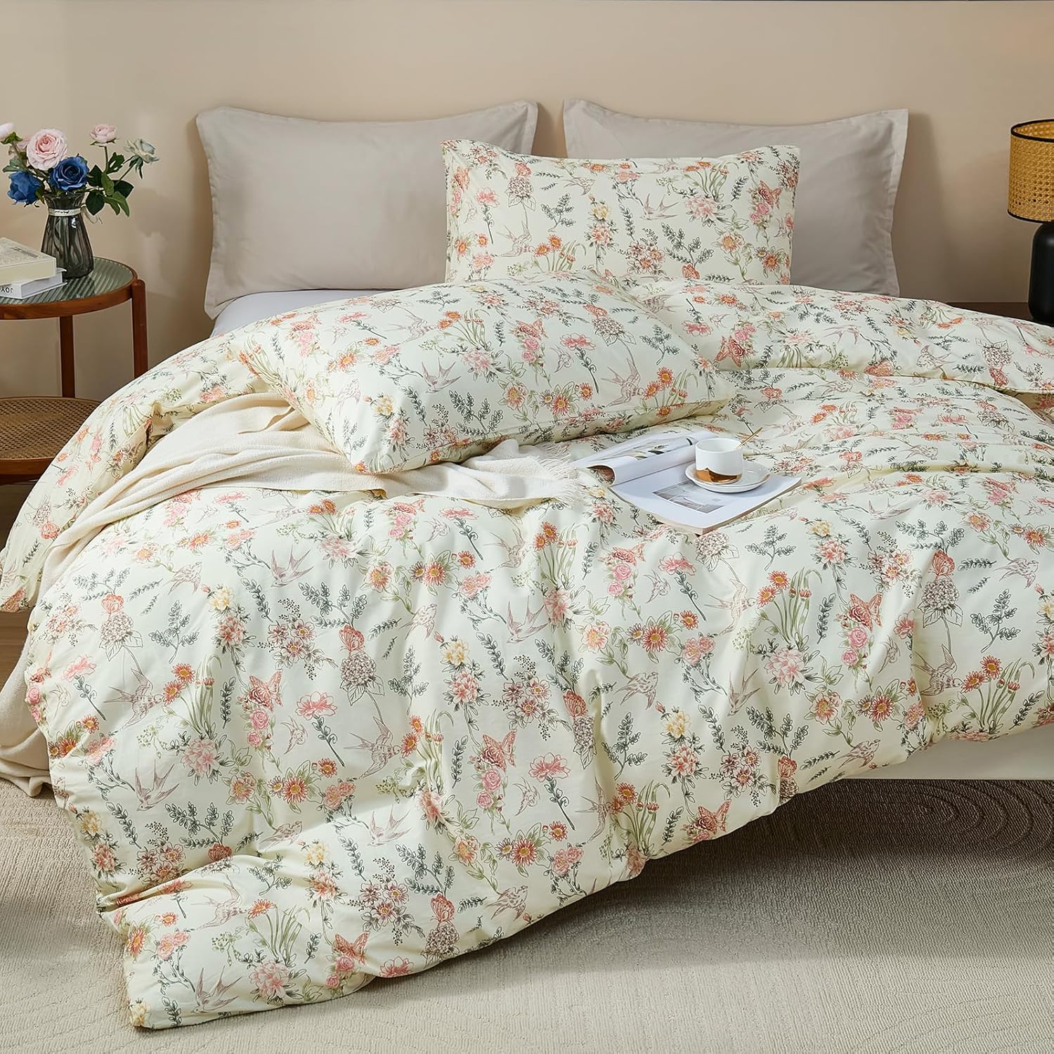 100% Cotton Duvet Cover Queen Size – Vintage Botanical Floral Duvet Cover Set with Zipper Closure, 3-Piece Soft Breathable Natural Premium Cotton Bedding Set for All Seasons - Image 3