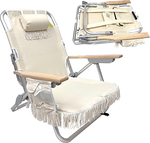 Mochila con borlas para silla de playa, 5 posiciones y bolsa para portavasos en el lateral, bolsa de almacenamiento de almohada acolchada en la