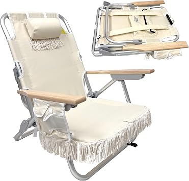 EasyGo Product Tassel Backpack Beach Chair 5 Positions and Cup Holder Pouch on Side-Padded Pillow-Storage Bag on Back Lightweight Rustproof Aluminum Black Frame, 1 Pack TAN