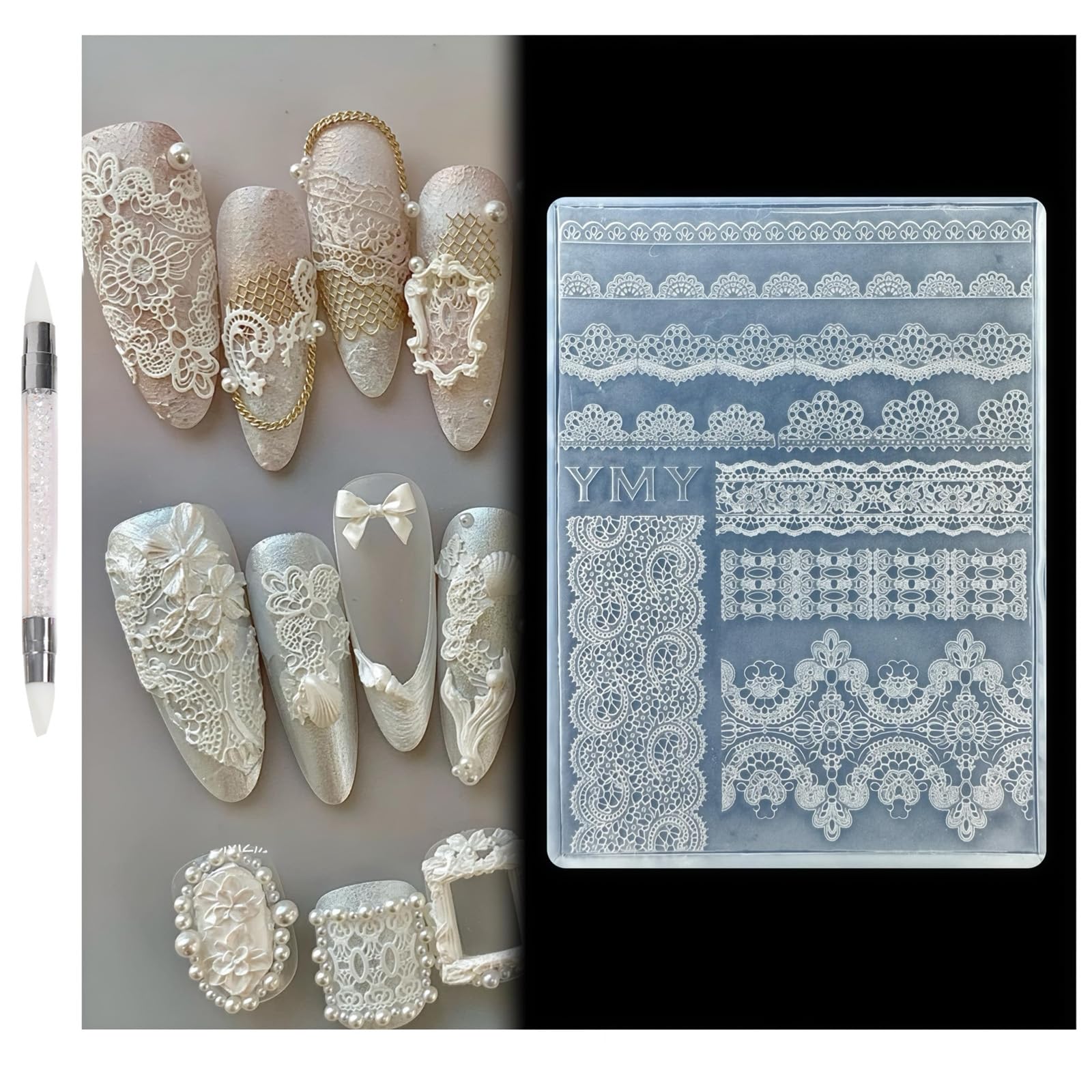 2PCS Silicone Nail Molds, Nail Accessories for Nail Art, Nail Charms, Lace Mesh Pattern Molds with White Silicone Pen, DIY Charms for Crafts, Professional Tools for 3D Designs-picture-40