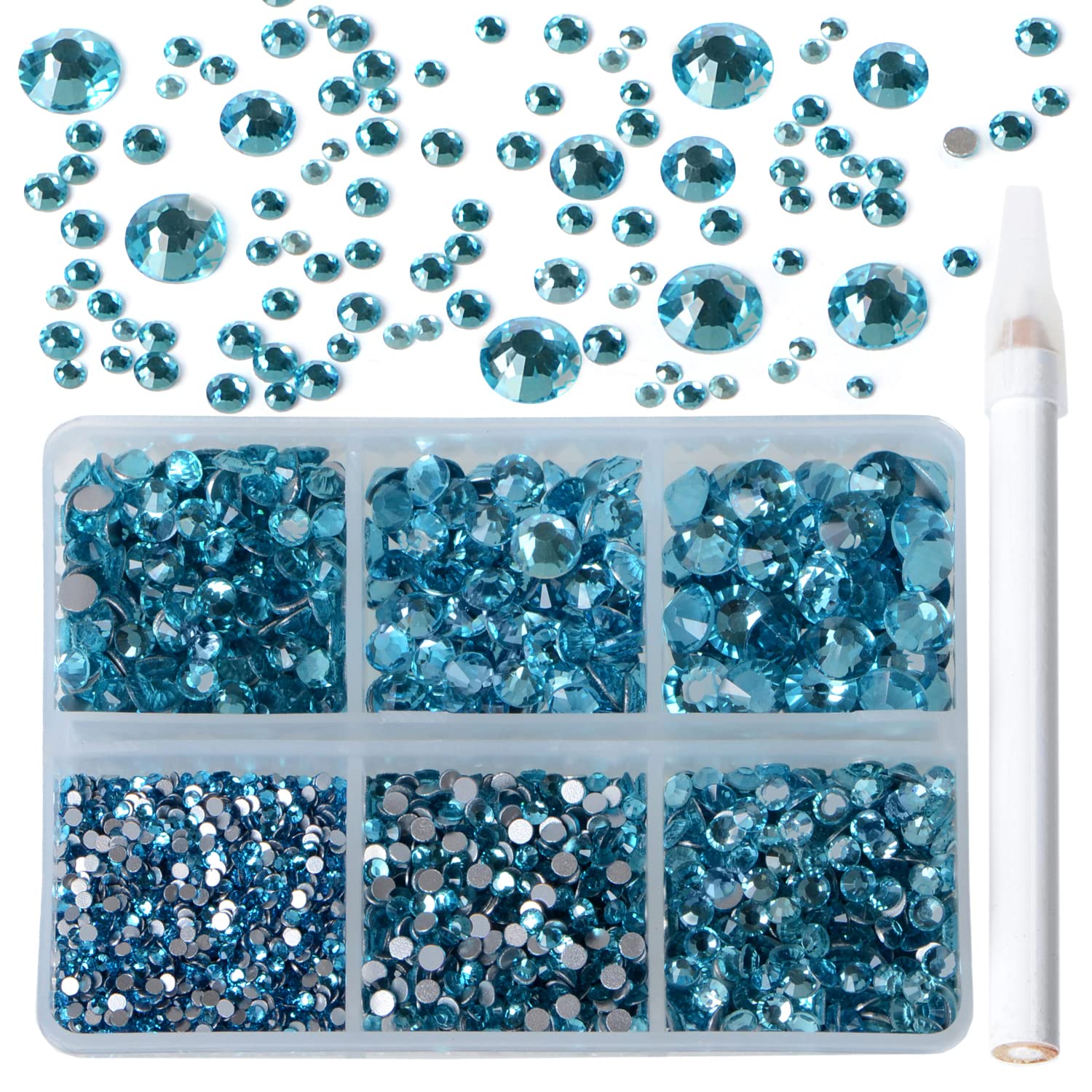 Bymitel 5000 Pieces 6 Mixed Sizes Glue Fix on Glass Rhinestones Round Crystal Gems Flatback for DIY Jewelry Making with one Picking Pen(6-Sizes 5000PCS, Aquamarine)