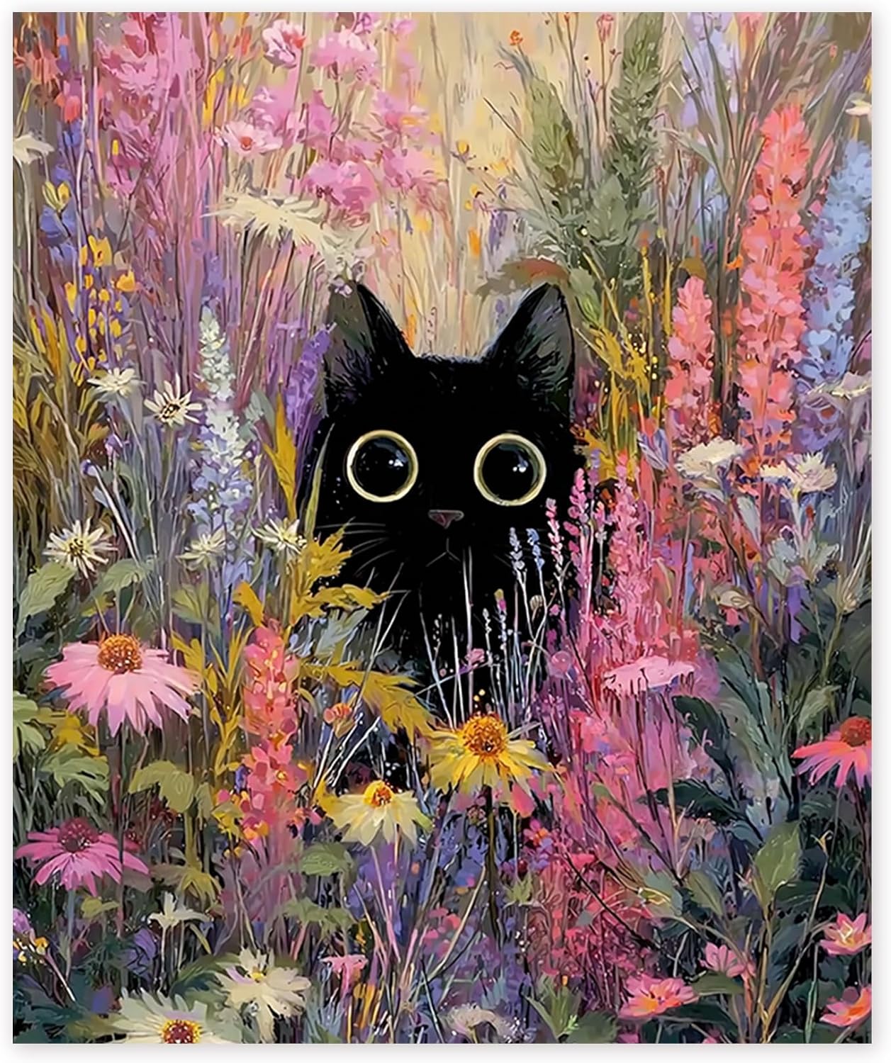 Qykwz Black Cat Diamond Painting Kits for Adults, Cottagecore Flower Field Moody Black Cat Diamond Art Kits, DIY Full Drill Gem Art Kit for Home Wall Decor, 9.8x11.8 Inch
