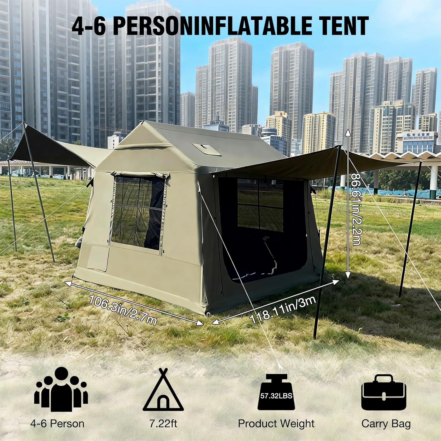 Inflatable Blow Up Tents for Camping Waterproof Oxford Hot Tent with Manual Pump Spacious Easy Setup Inflatable Camping Air Tent Easy Set up 4-6 Person Glamping Outdoor 4 Season