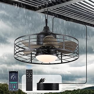jazimar Outdoor Caged Ceiling Fan with Lights, 20" Waterproof Plug-in Fixtures, App/Remote Control, 3