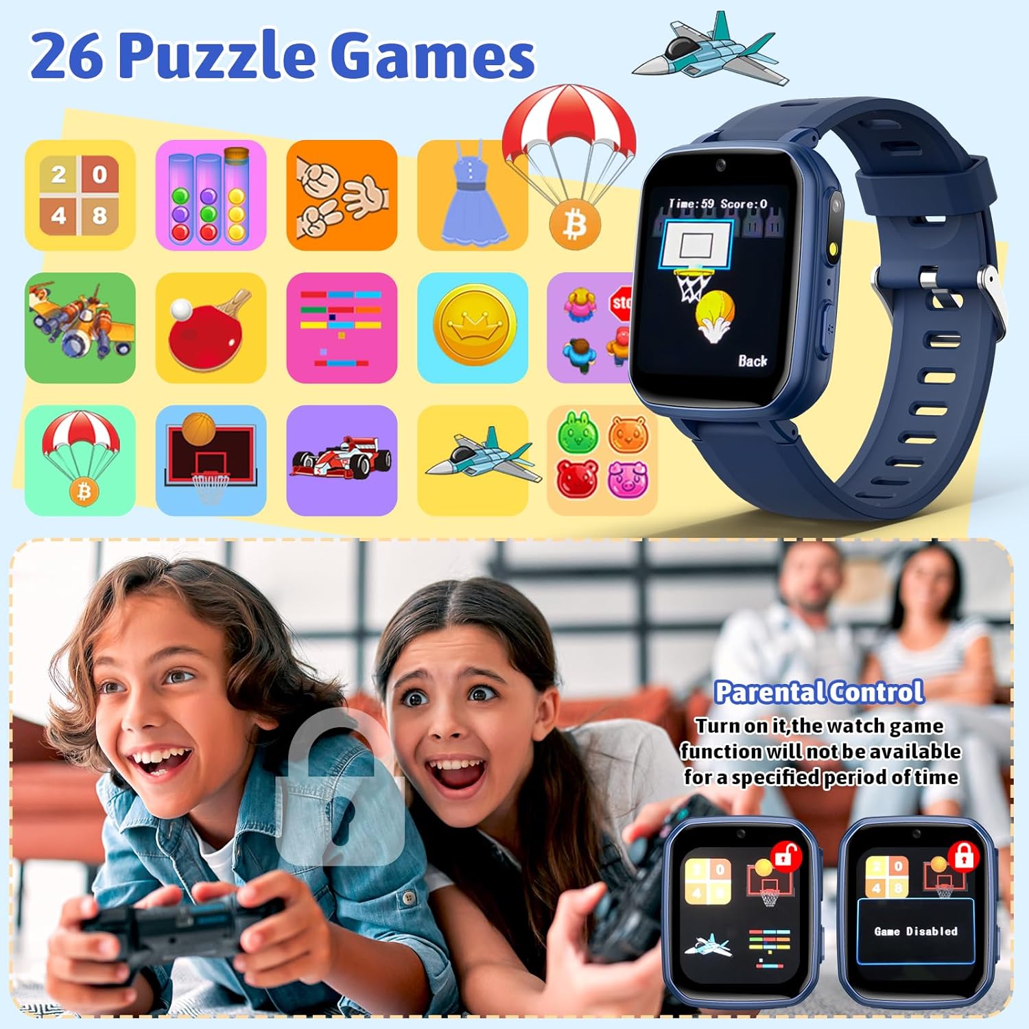 zicor Kids Game Watch Gift with 26 Puzzle Games, Dual Camera, Music Player, Pedometer, Video Recorder, Flashlight, Alarm Clock,Educational Toy for Boys Girls Age 4-12 Years Old,Birthday - Image 5