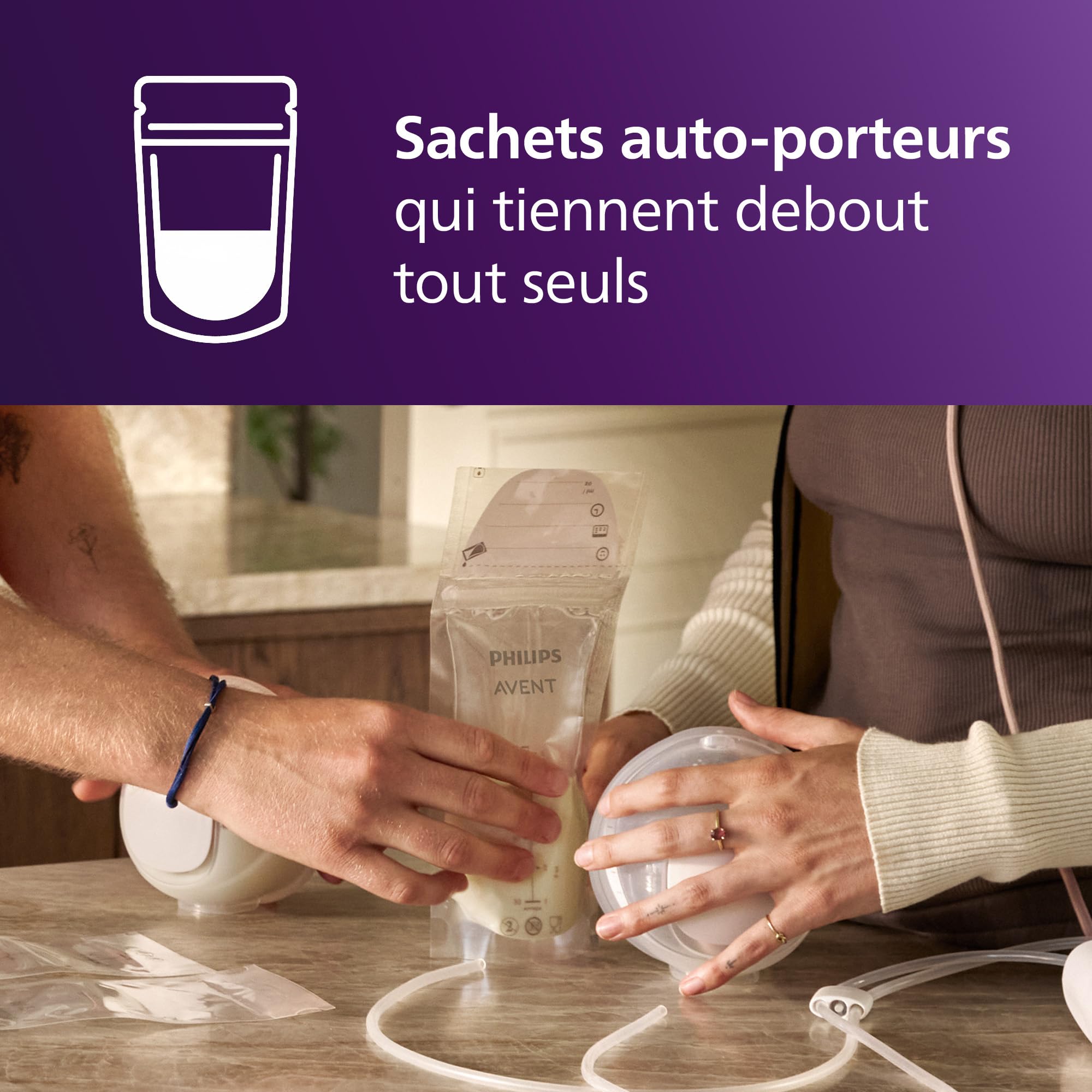 Philips Avent Sachets de conservation pour lait maternel – pré-stérilisés, réfrigérateur et congélateur, sans BPA, anti-fuites, remplissage et stockage faciles, 180 ml, 50 pièces, SCF603/50