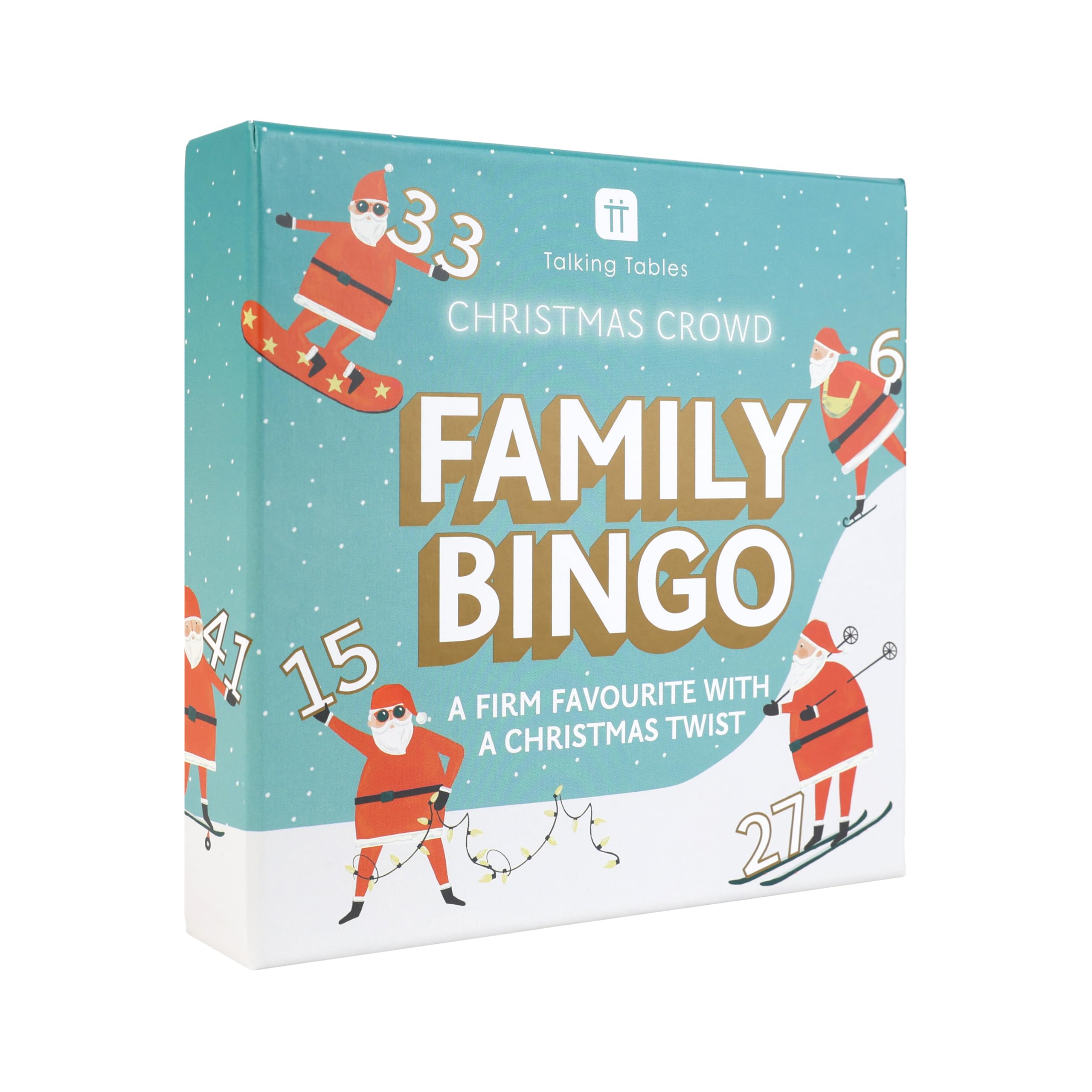 Talking Tables CHRISTMAS CROWD Christmas Bingo Game - Family Bingo for Kids & Adults, 48 Calling Cards, 100 Sheet Score Pad, Pencil & Bag, Festive Stocking Filler, Ages 5+ PLASTIC FREE