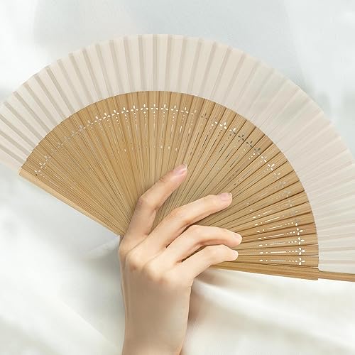 Miniatura 4 de FoDau770 Abanicos plegables clásicos, 2 ventiladores de mano de bambú, abanicos de mano de seda blanca para cosplay, baile, decoración, fiesta