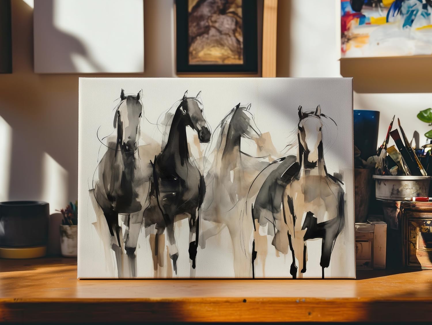 Poster Master Horses Canvas - Retro Horse Sketch Print - Modern Art - Animal Watercolor Design - Farmhouse Art - Aesthetic Living Room or Office Wall Decor - 8x10 STRETCHED Canvas