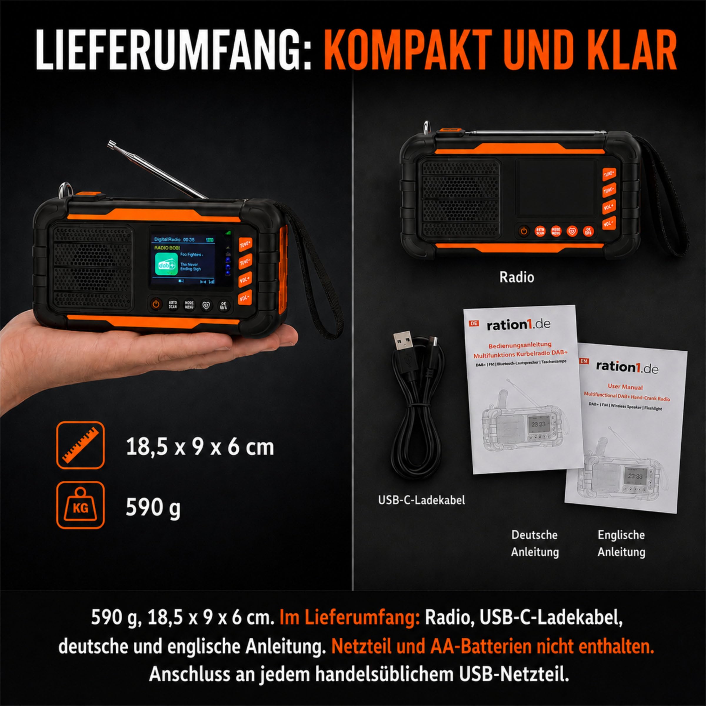 ration1 DAB+ Radio Kurbelradio Notfallradio mit Powerbank, Solar & Kurbel | 10.000 mAh, 80 h Laufzeit, USB-C, Bluetooth 5.3, 2 Zoll Display, Radiowecker, SOS, AA-Reserve, ASA Funktion, Baustellenradio