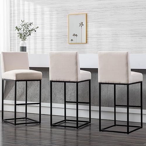 Vista 55 de Taburete de bar contemporáneo de terciopelo crema, taburete de bar de tela tapizada de 24 pulgadas, taburete de bar de cocina, taburete de isla