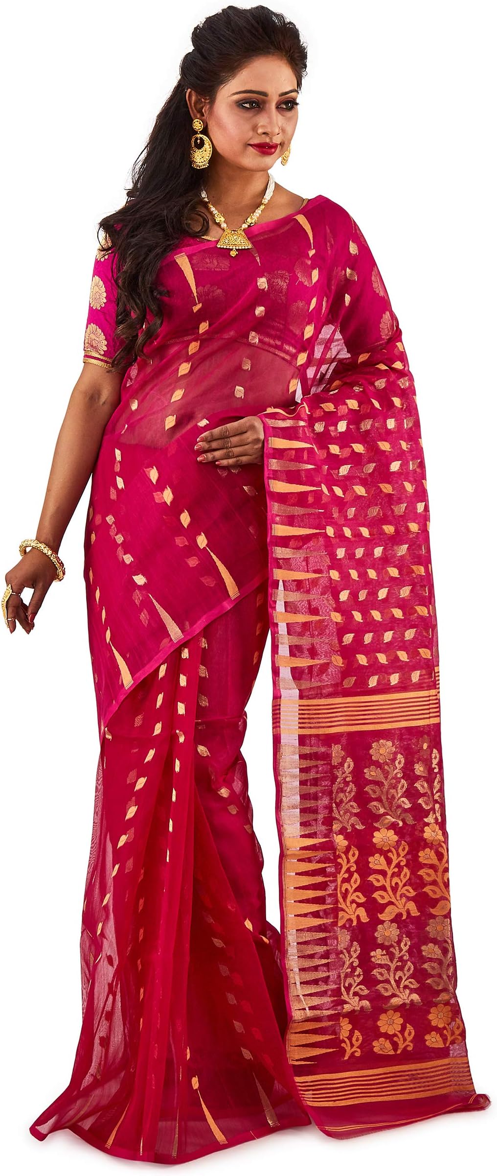 SareesofBengal Women's CottonSilk Handloom Jamdani Dhakai Saree Magenta