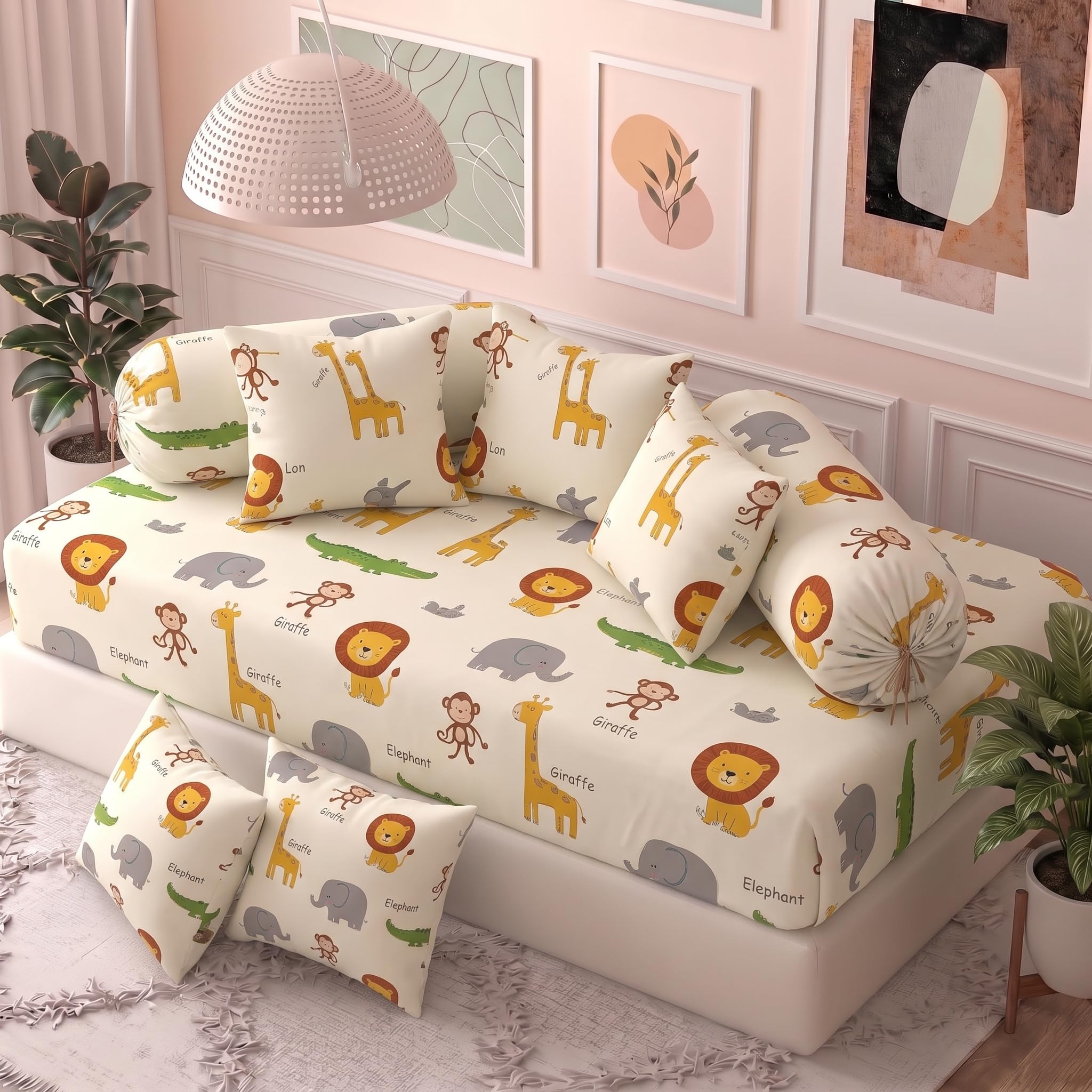 Filymore Cute Animals Kids Diwan Set, 8 Pieces Premium Microfiber Diwan Bedding Set with 1 Single Bedsheet, 5 Cushion Covers & 2 Bolster Covers, Soft & Comfortable Kids Room Bedding Set, White-image-9