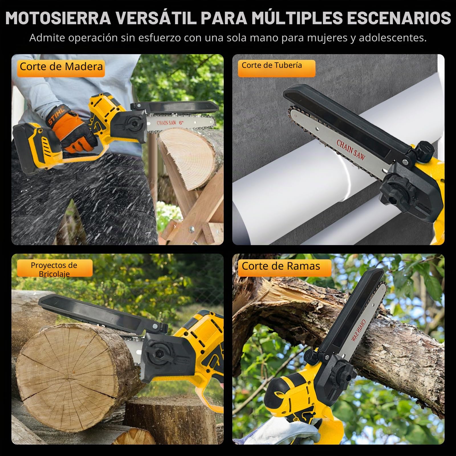 Mini Motosierra Bateria, 8 & 6 Pulgadas Motosierra Eléctrica Bateria | Motosierra Eléctrica Portátil Inalámbrica Compatible con Dewalt 20V Batería, con 4 Cadenas, para Podar Ramas (Sin batería)