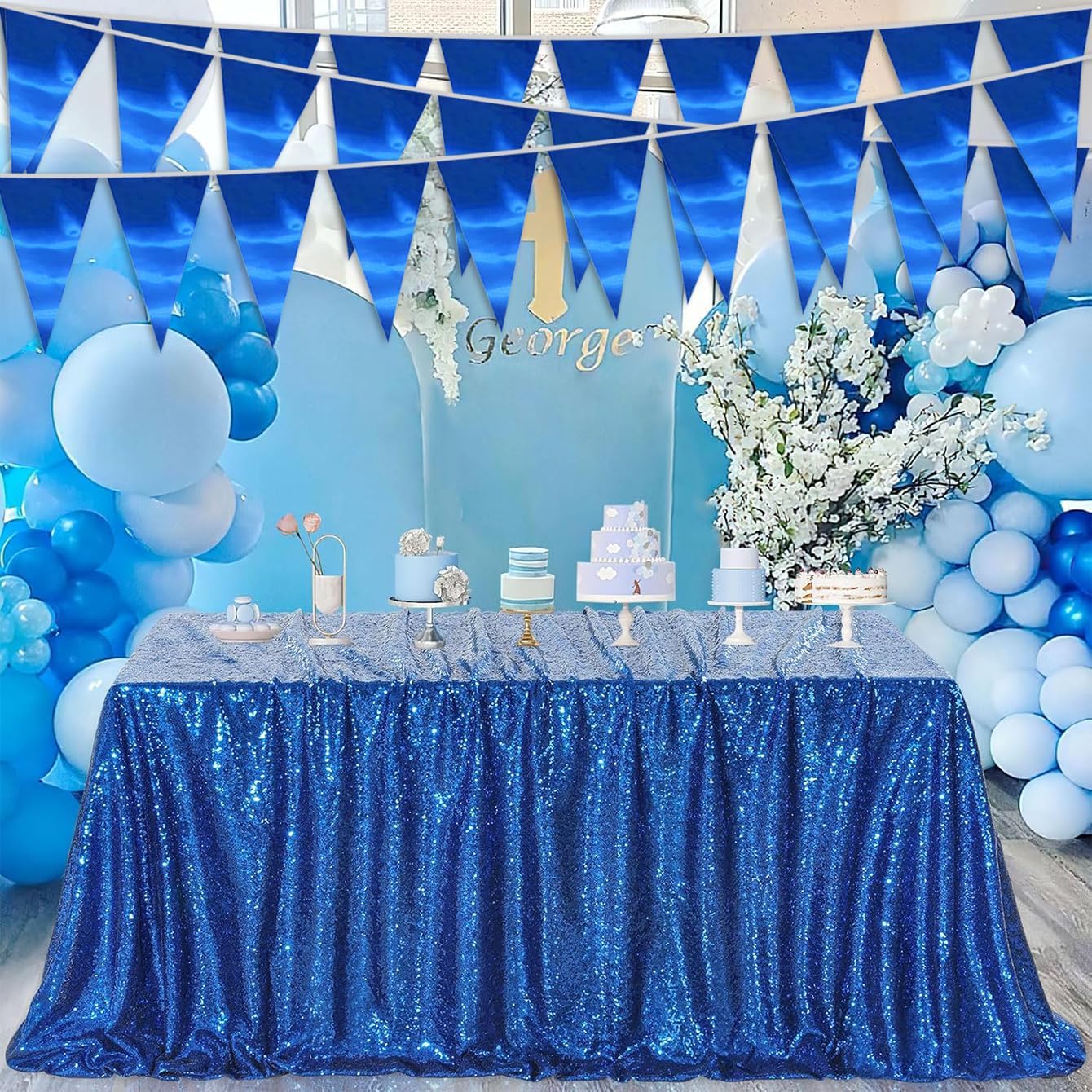 20M/65FT Blue Triangle Pennant Banner Flag Metallic Fabric Bunting Garland for Christmas Graduation Wedding Engagement Anniversary Bachelorette Birthday Bridal Shower Valentines Hen Party Supplies - Image 4