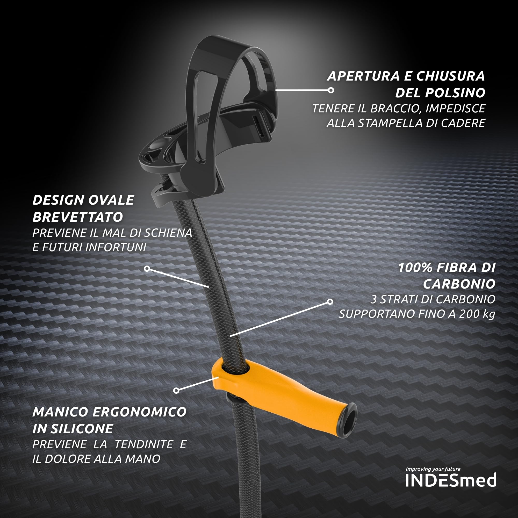 INDESmed - Stampelle in fibra di carbonio 100% (2 unità) - Stampelle lusso, Più leggere al mondo, design brevettato - Stampelle ortopediche regolabili leggere, Uomo e Donna (Grigio, L)