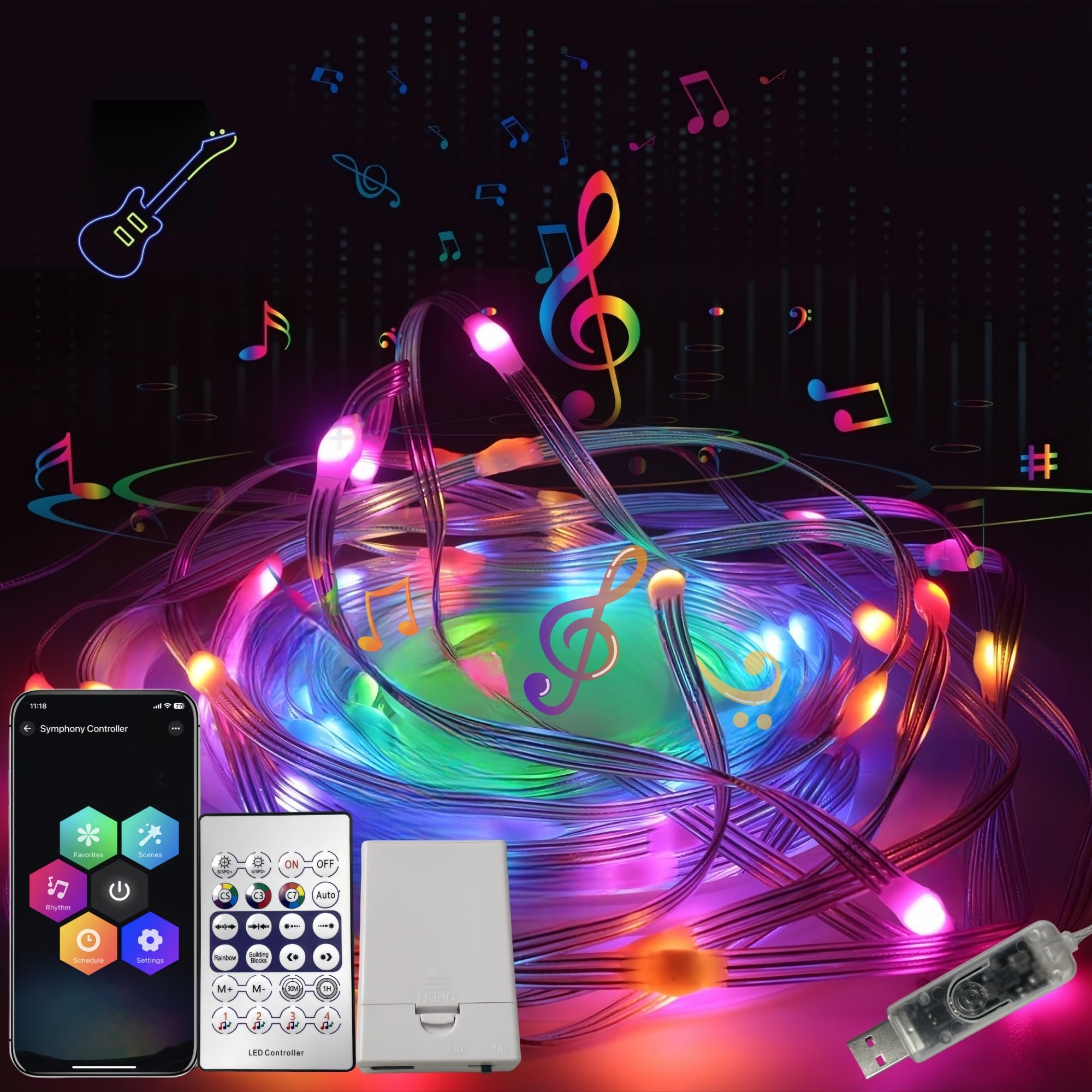 Guirlande Lumineuse 20 Mètres 200 LED - Contrôle Par Appli Et Télécommande - RGB, Réaction à La Musique, Timer - IP65 étanche - Pour Intérieur Et Extérieur