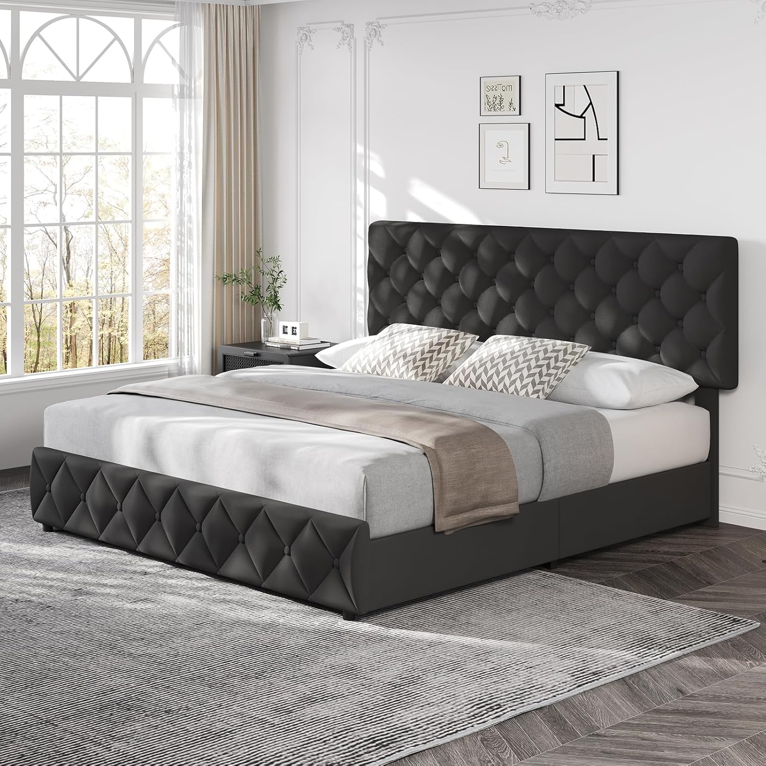 Queen Size Bed Frame with 4 Storage Drawers & Headboard, Linen Upholstered Platform Bed Frame, Stylish Diamond Tufted Design, No Box Spring Needed | Black