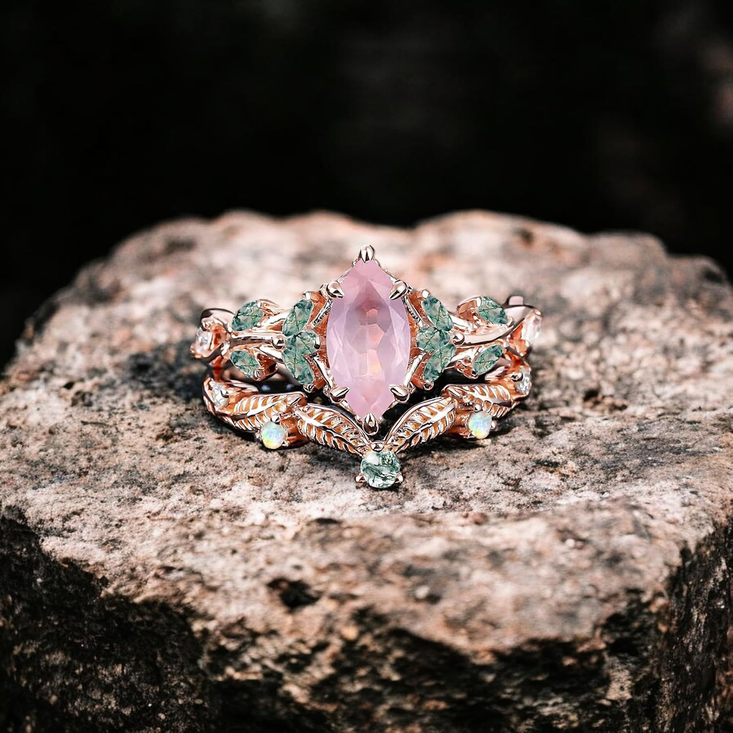 Rose Gold Vintage Leaf Ring Set with Pink Rose Quartz & Green Crystals, Nature-Inspired Bridal Engagement Ring, Boho Statement Jewelry for Women, Birthday Gift