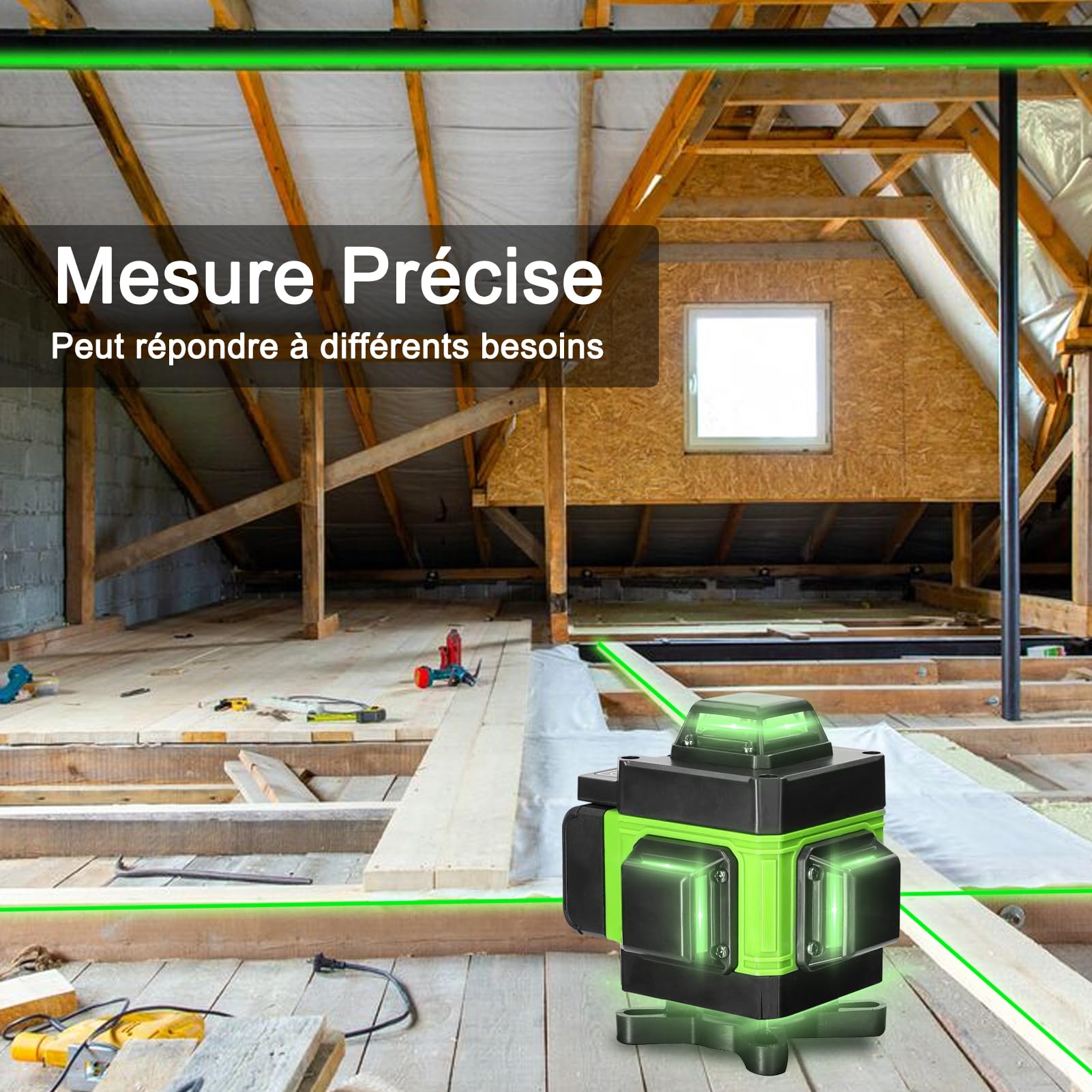 Geevorks Livella Laser 16 Linee 4 x360° Livella Laser Autolivellante Linee Laser Verde Livello con Autolivellante IP54 2xBatterie Ricaricabili, con Treppiede,Staffa a Parete, Telecomadon - Verde.
