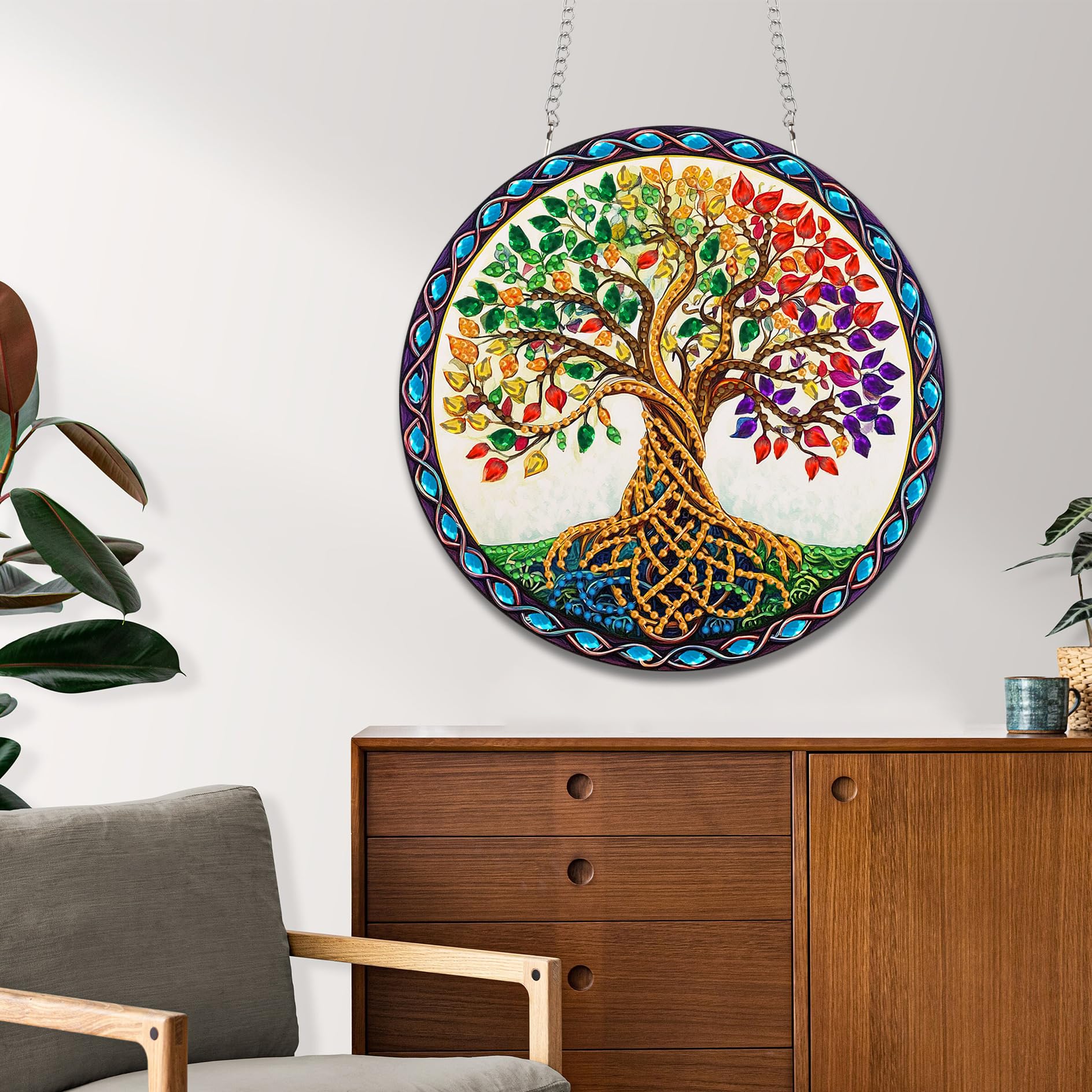 Reofrey Wiszące zestawy sztuki diamentowej dla dorosłych – 20 x 20 cm drzewo akrylowa tablica dwustronna wzór diamentowy obraz łapacz słońca, wisiorek, DIY, kryształowa sztuka do domu, dekoracja