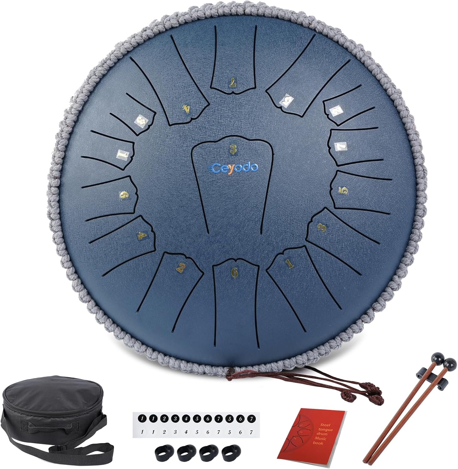 Rain Drum for Outside Garden, 13 INCH 15 NOTES Steel Tongue Drum, Rain Chime Chakra Drum, Hand Pan Musical Instrument Christmas Gift with Bag for Adult, Mallets for Meditation Yoga (Navy, D key)