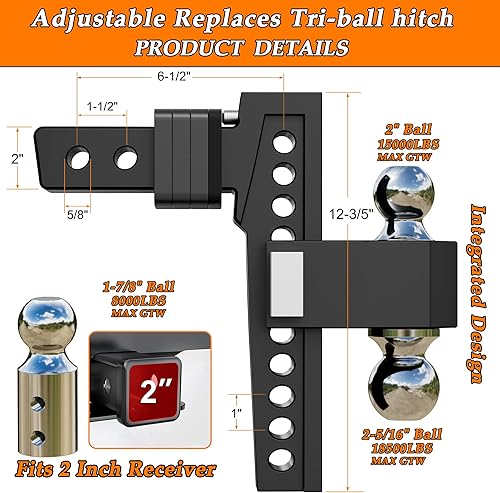 Miniatura 2 de Enganche de caída ajustable, Tri-Ball (1-78 pulgadas, 2 pulgadas, 2-516 pulgadas), se adapta a receptor de 2 pulgadas, enganche de caída de 10
