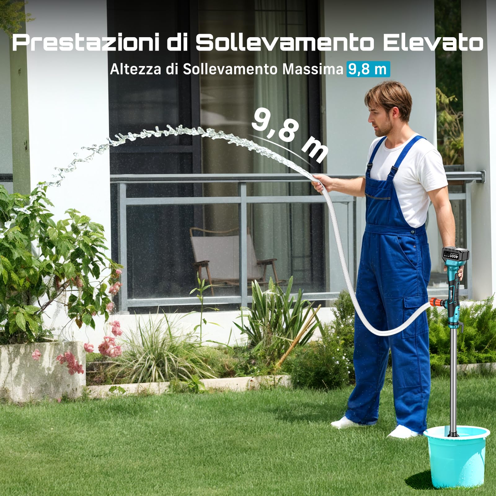 Seesii Pompa per acqua senza fili a bastone, batteria 4000mAh 21V, 720GPH, sollevamento 32 piedi, uscita 3/4". Ideale per drenaggio piscine, giardini, stagni, RV e barche. Leggera e portatile