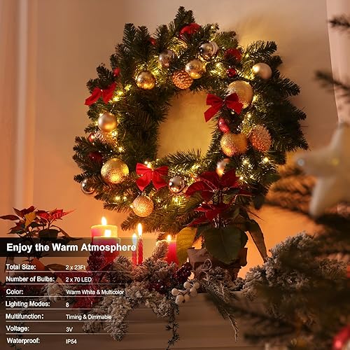 Miniatura 3 de ZAIYW Paquete de 2 luces de Navidad que cambian de color, 23 pies, 70 luces LED alimentadas por batería, con control remoto, luces blancas cálidas