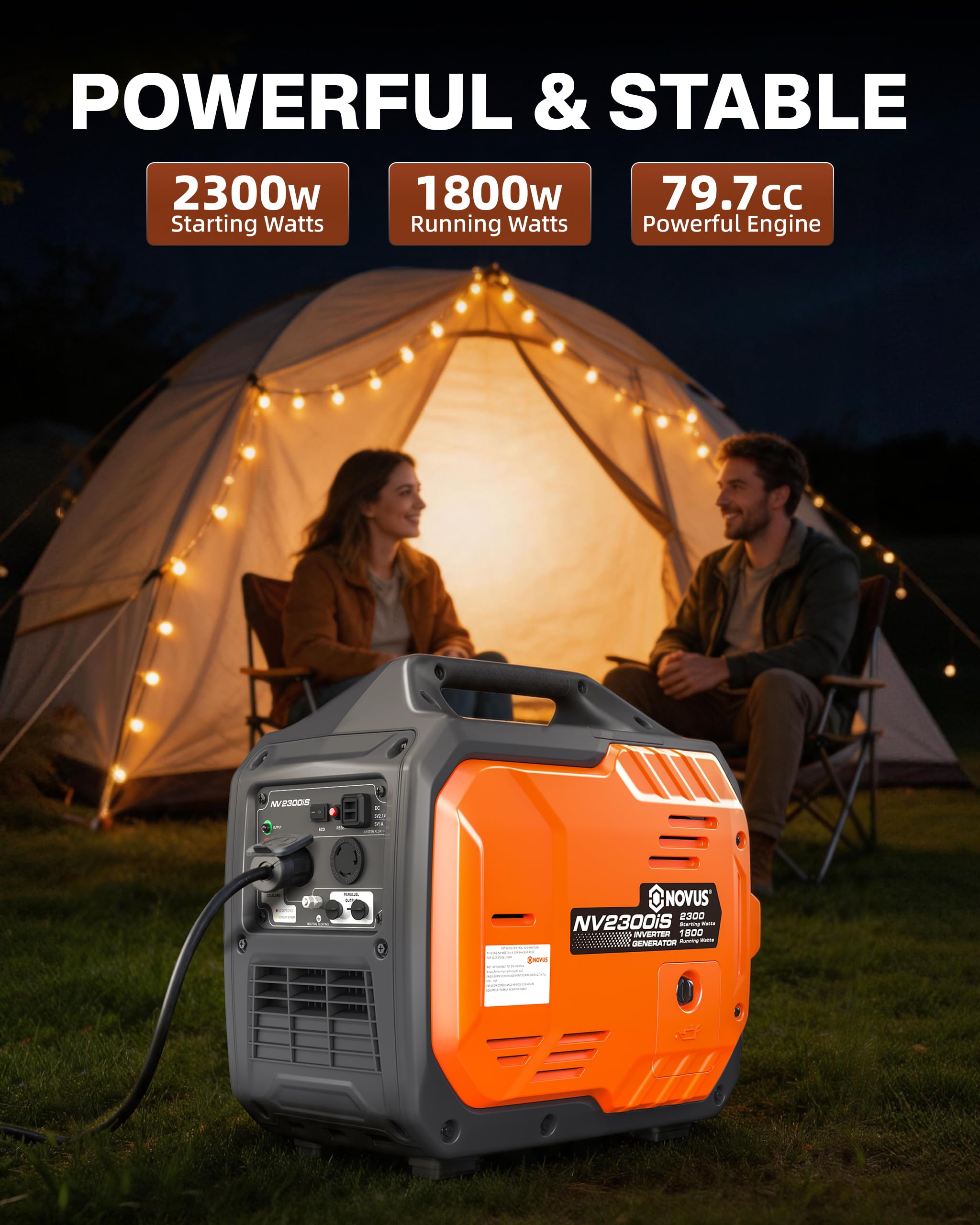 NOVUS - Generador Inversor Portátil Super Silencioso de 2300 Vatios, Sensor CO, Gasolina, Pequeño Generador para Campamento y Respaldo de Energía, Toma USB, Capacidad Paralela