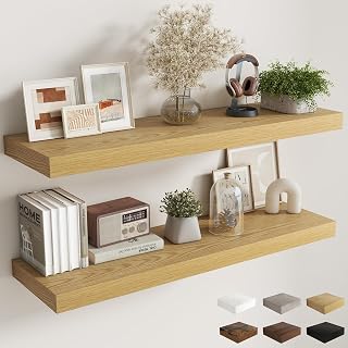 Fun Memories 12 Inch Deep Floating Shelves, 48 x 12 Floating Shelves for Wall Set of 2, Extra Deeper Hanging Wood Wall Shelves for Bedroom, Living Room, Kitchen, Oak